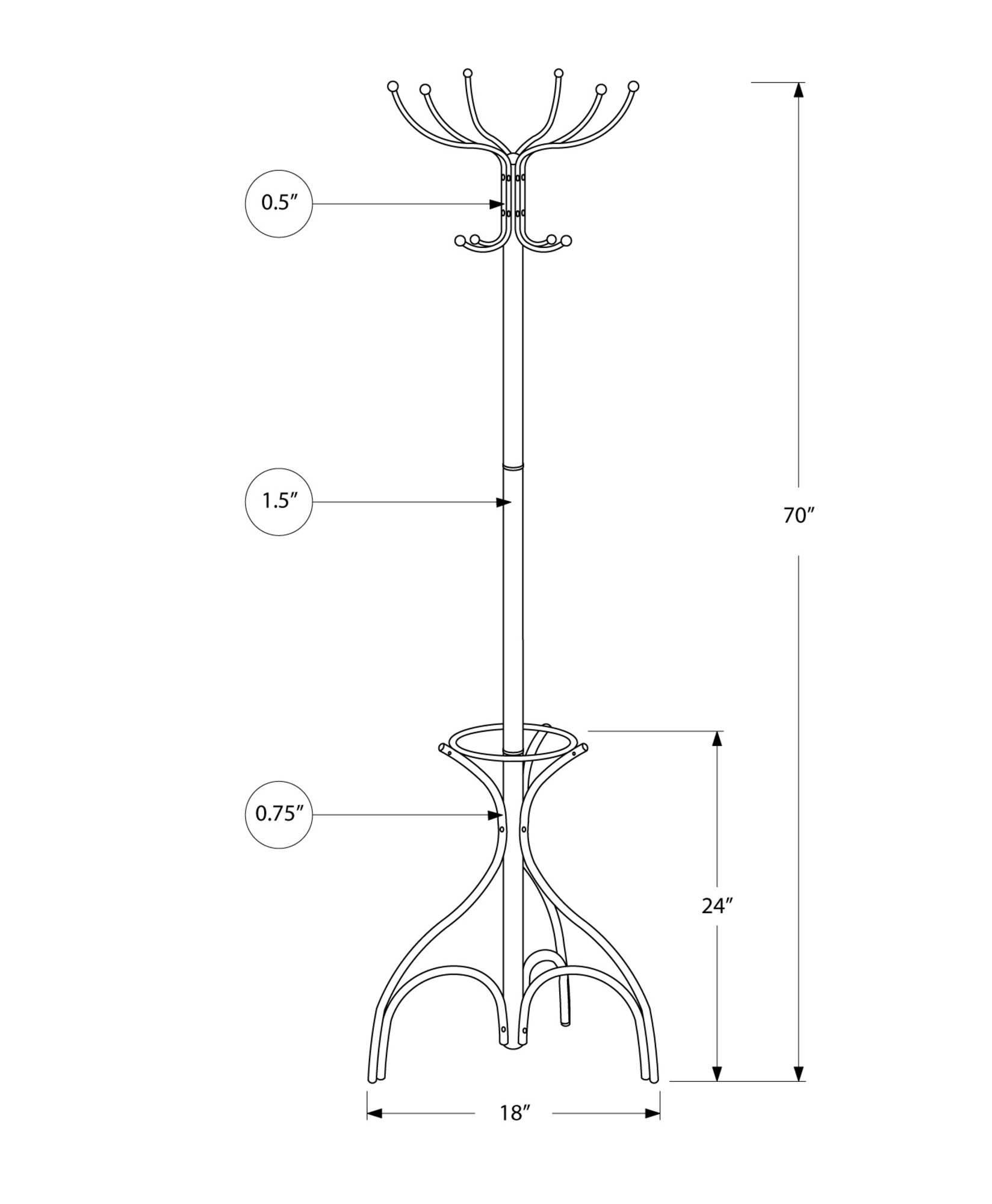 18" x 18" x 70" Black Metal Coat Rack