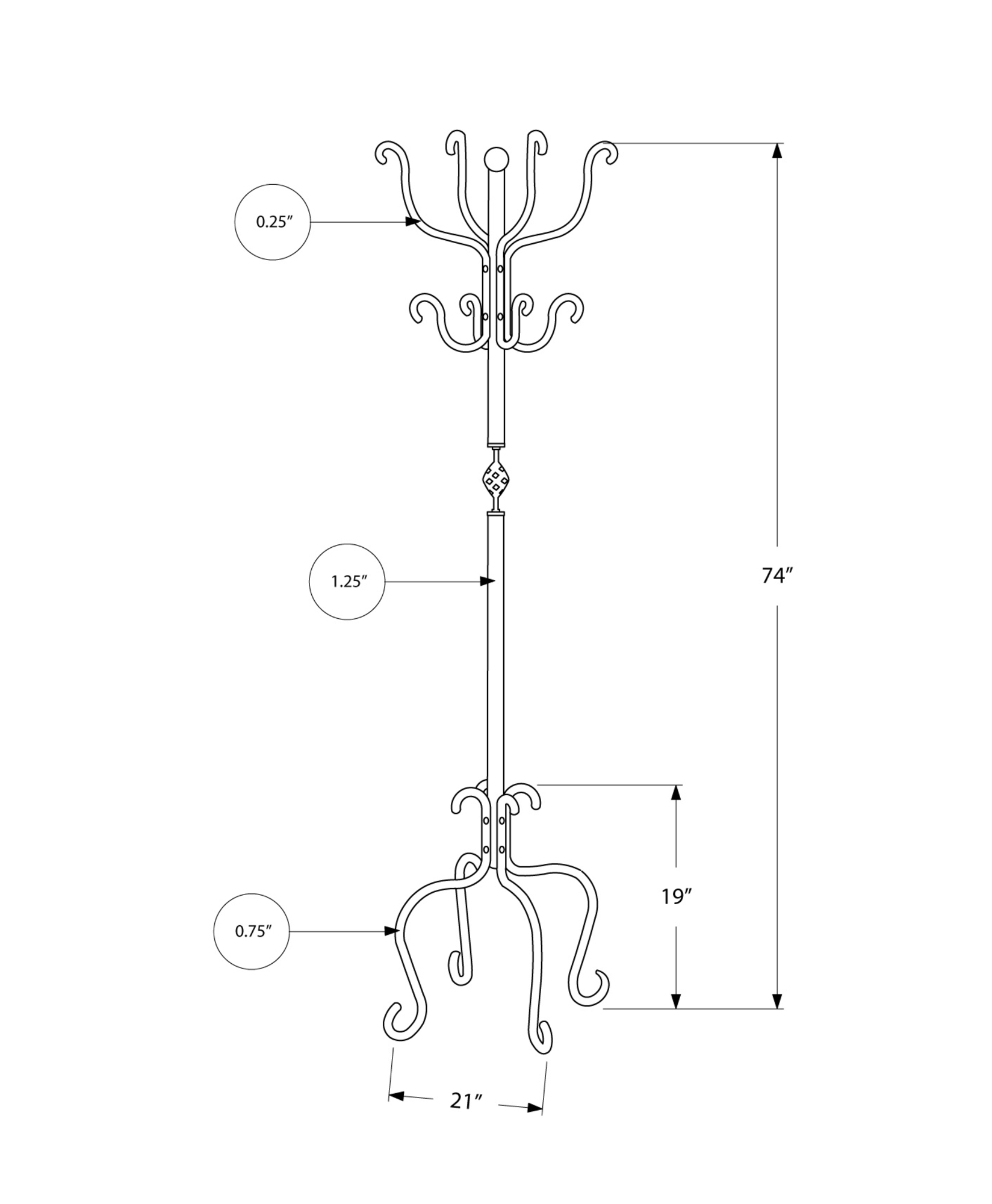 21" x 21" x 74" Black Metal Coat Rack