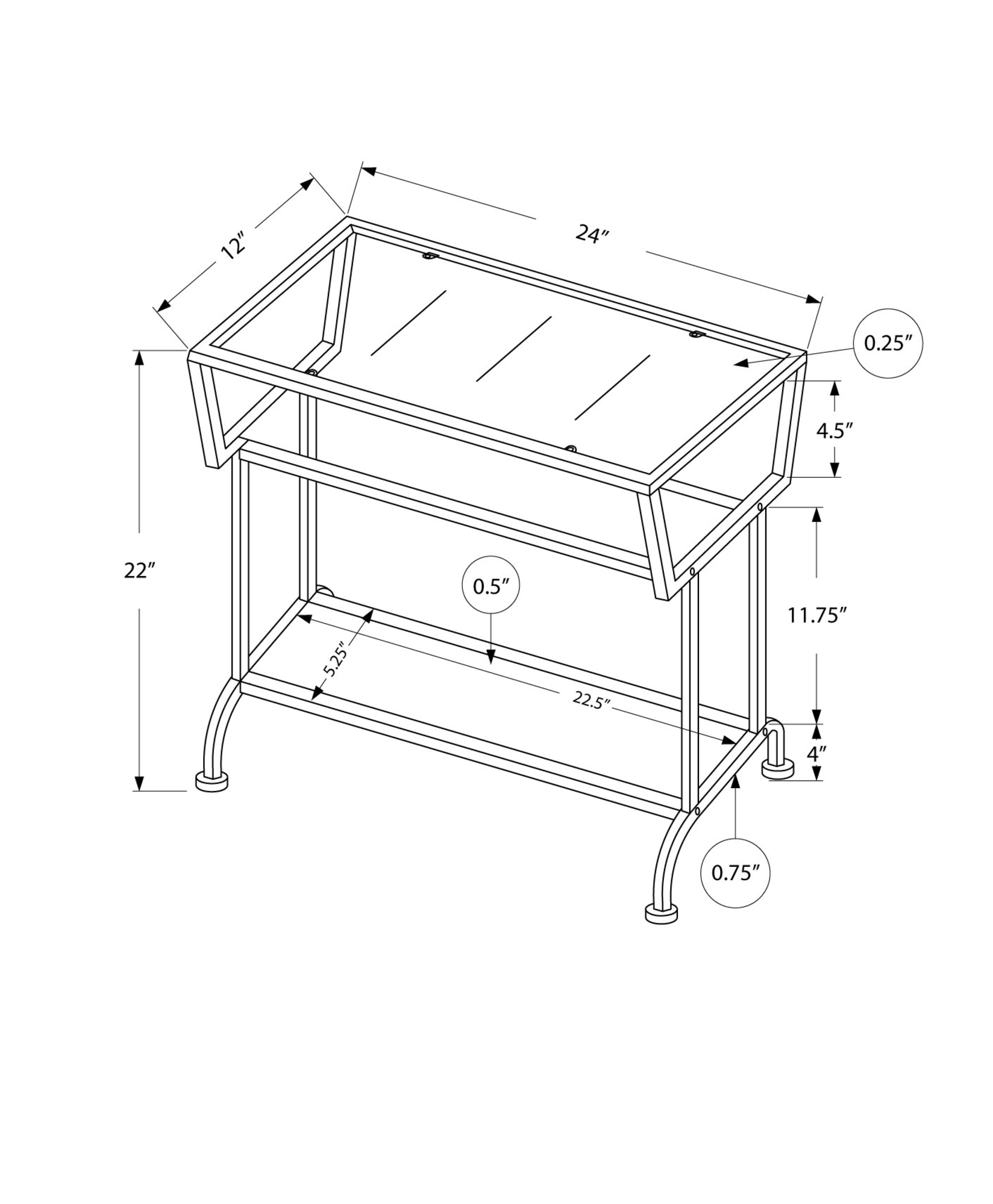 12" x 24" x 22" White Accent Table in Silver Metal with Clear Tempered Glass