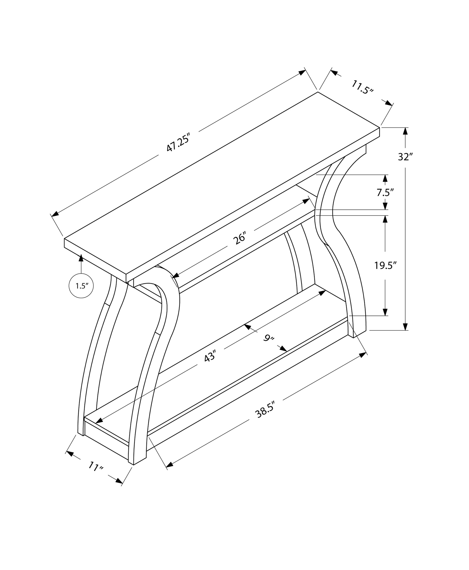 11.5" x 47.25" x 32" White Hollow Core Particle Board Accent Table