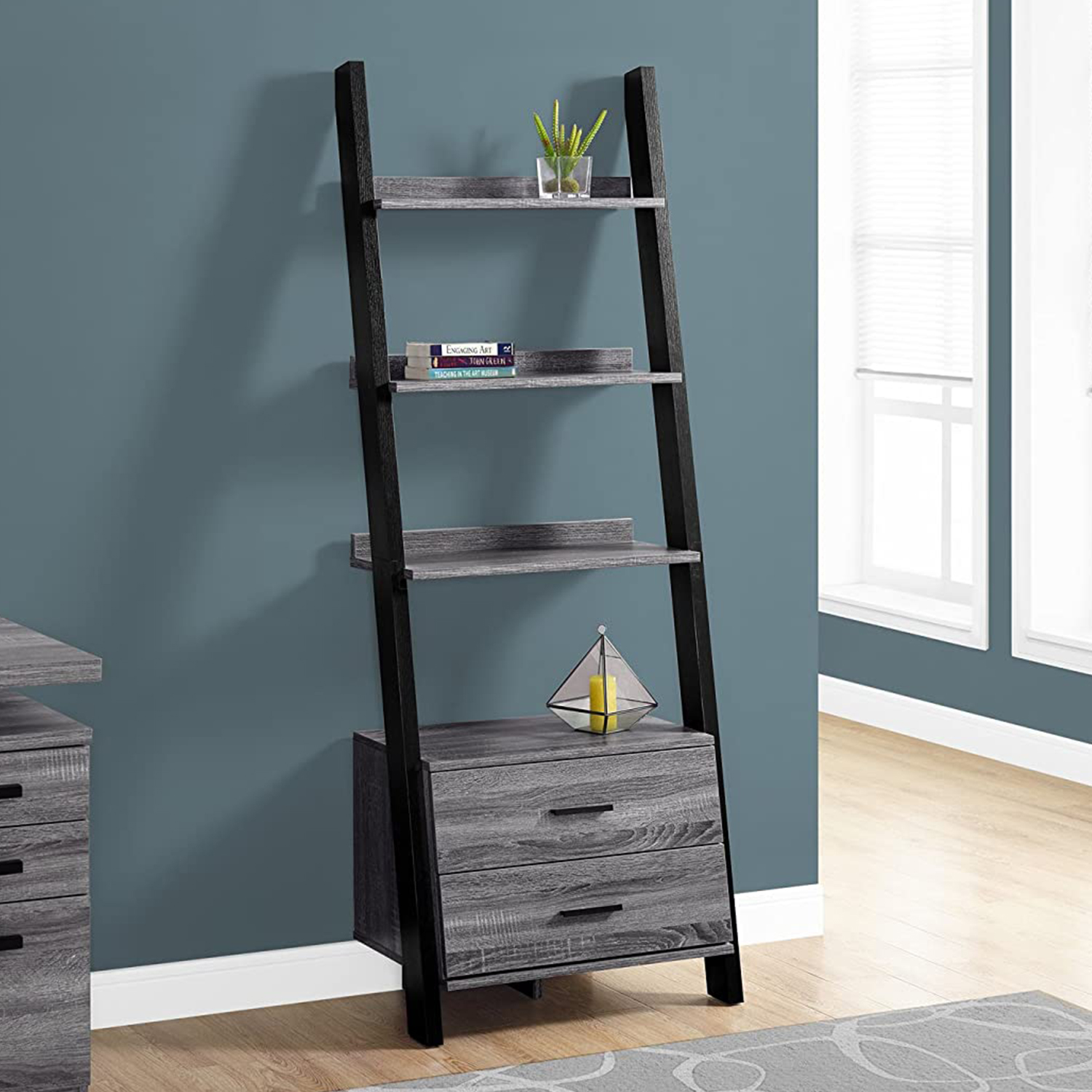 16.75" x 25.5" x 69" Grey Black Particle Board Hollow Core Bookcase with 2 Storage Drawers