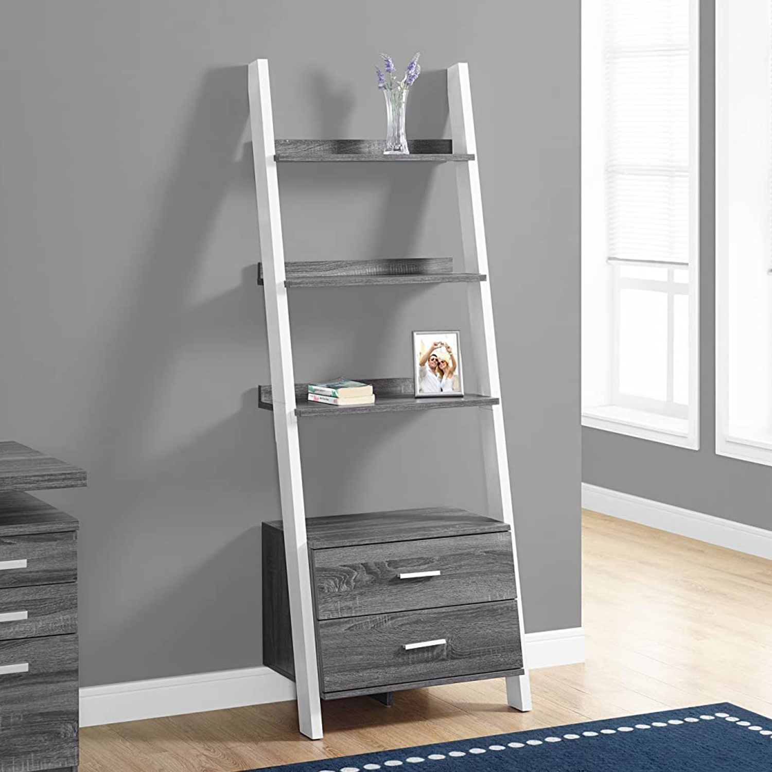 16.75" x 25.5" x 69" Grey White Particle Board Hollow Core Bookcase with 2 Storage Drawers