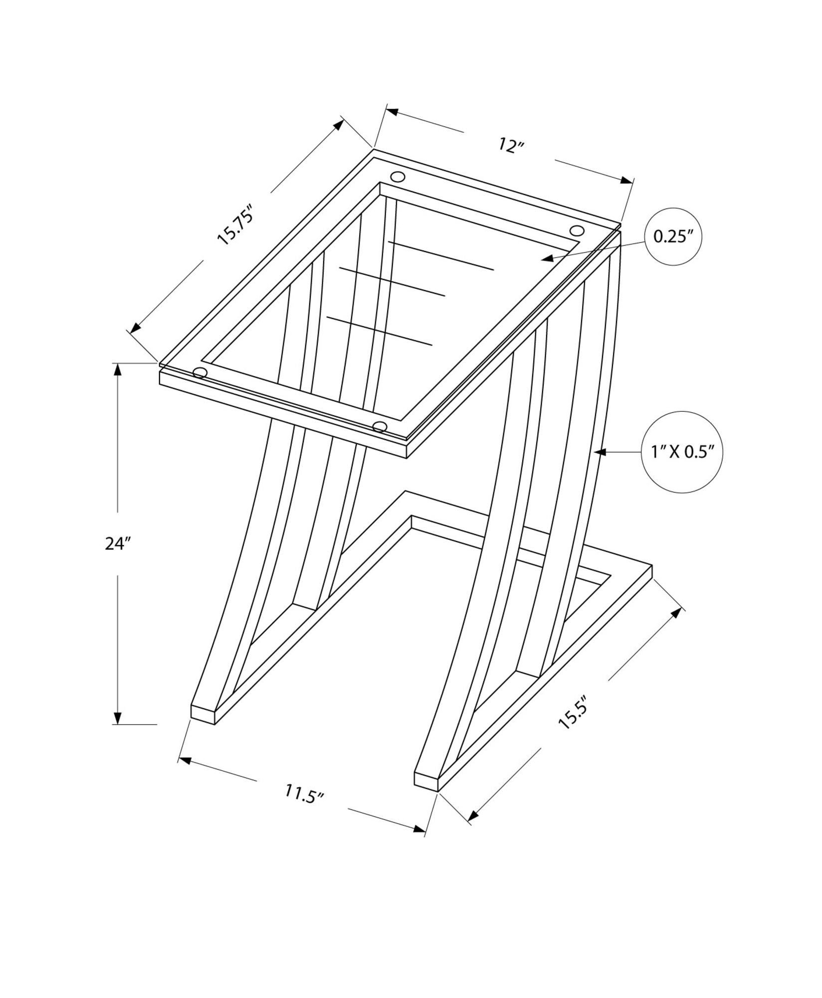 15.75" x 12" x 24" Black Clear Metal Tempered Glass Accent Table