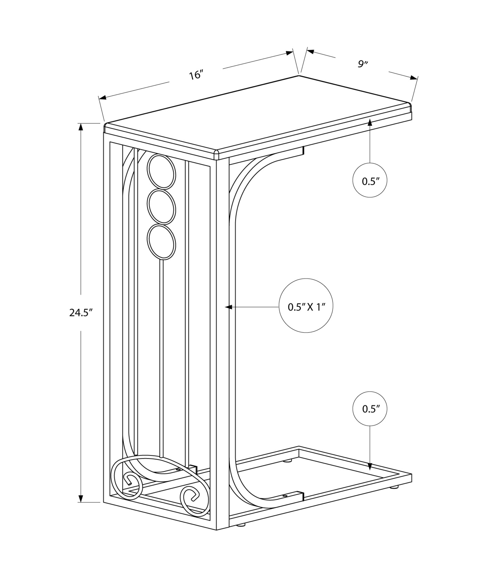 16" x 9" x 24.5" BlackSilver MDF and Metal Accent Table