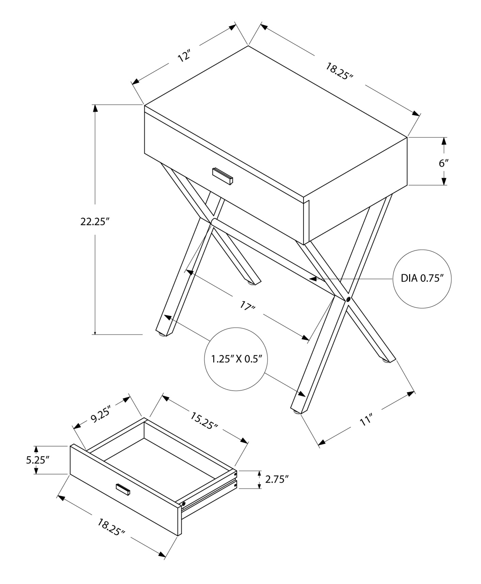 12" x 18.25" x 22.25" White Finish and Chrome Metal Accent Table