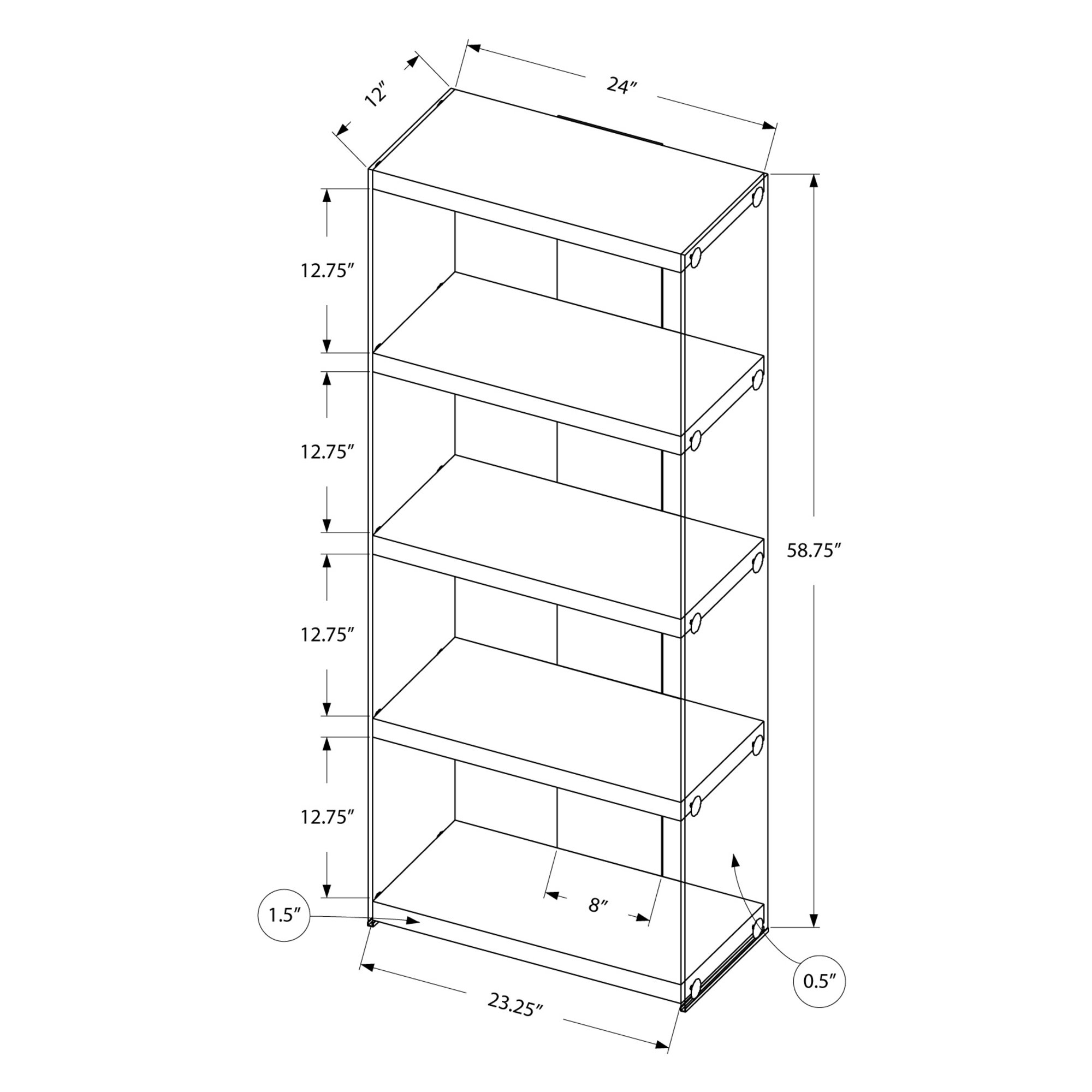 12" x 24" x 58.75" White Clear Particle Board Tempered Glass Bookcase