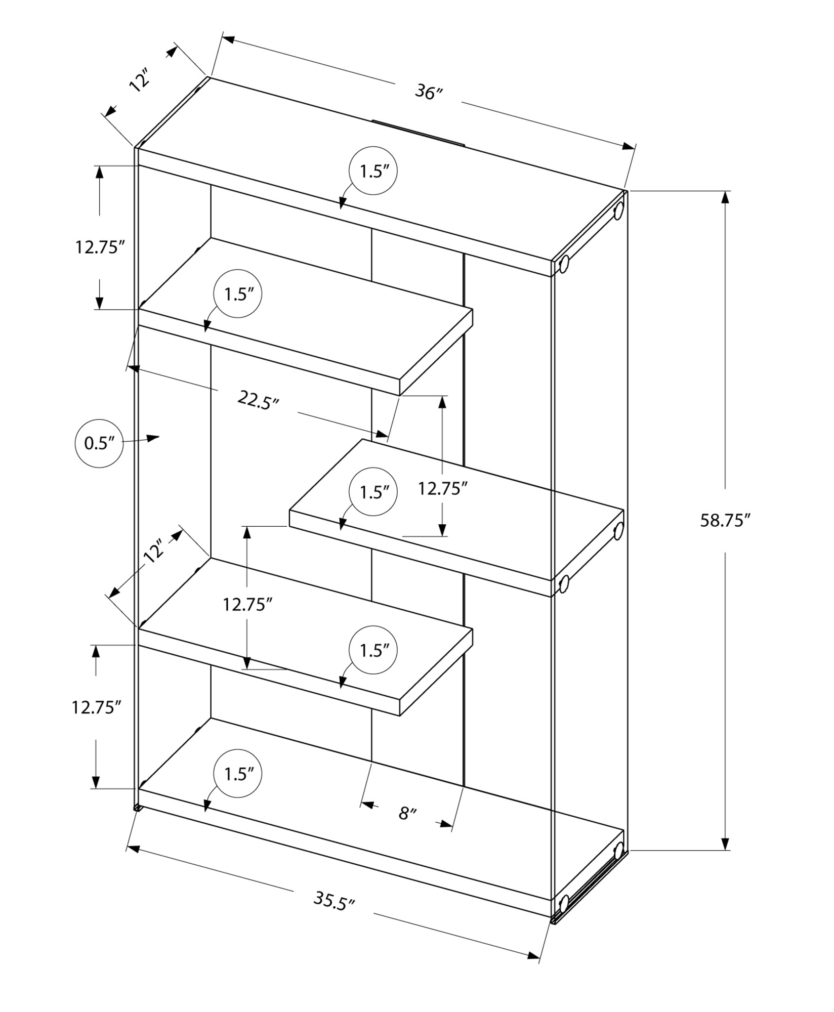 12" x 36" x 58.75" White Clear Particle Board Tempered Glass Bookcase