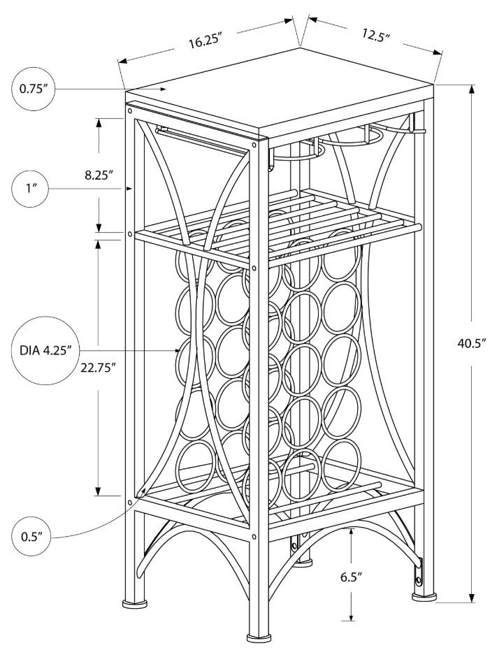 12.5" x 16.25" x 40.5" Black Metal Wine Bottle and Glass Rack Home Bar