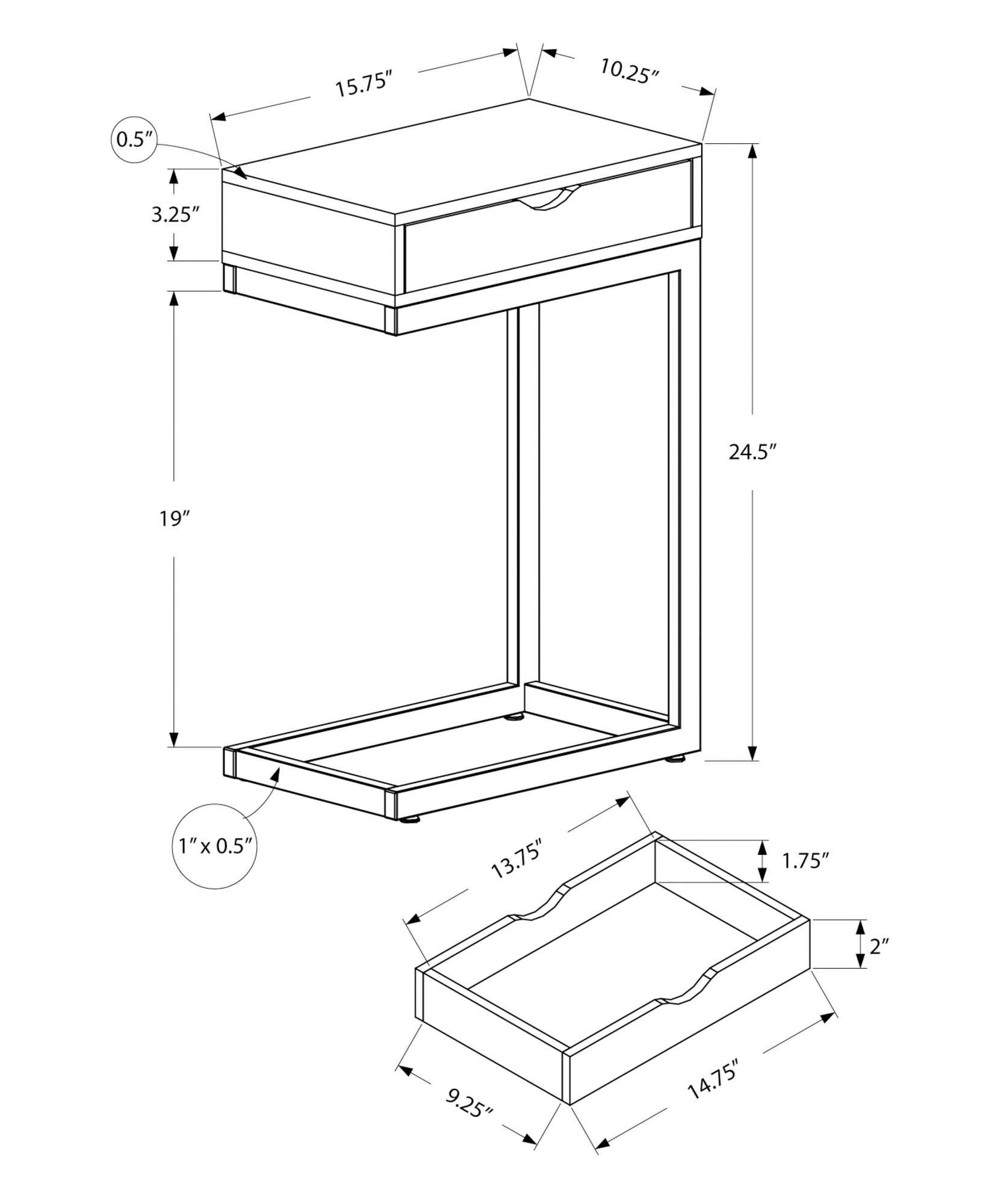 10.25" x 15.75" x 24.5" Brown Finish Drawer and Black Metal Accent Table