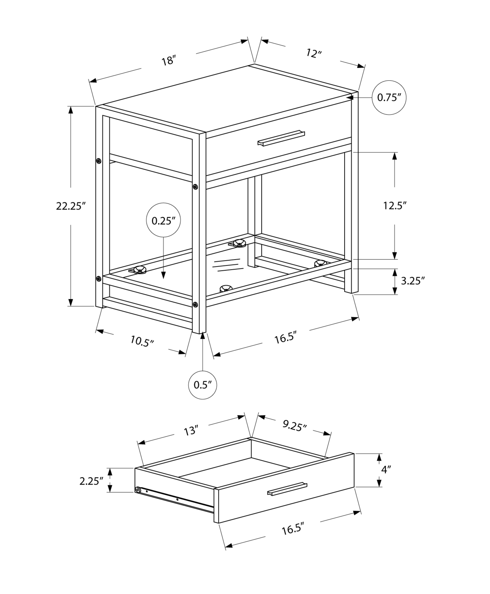 12" x 18" x 22" Dark TaupewithBlack Tempered Glass Accent Table