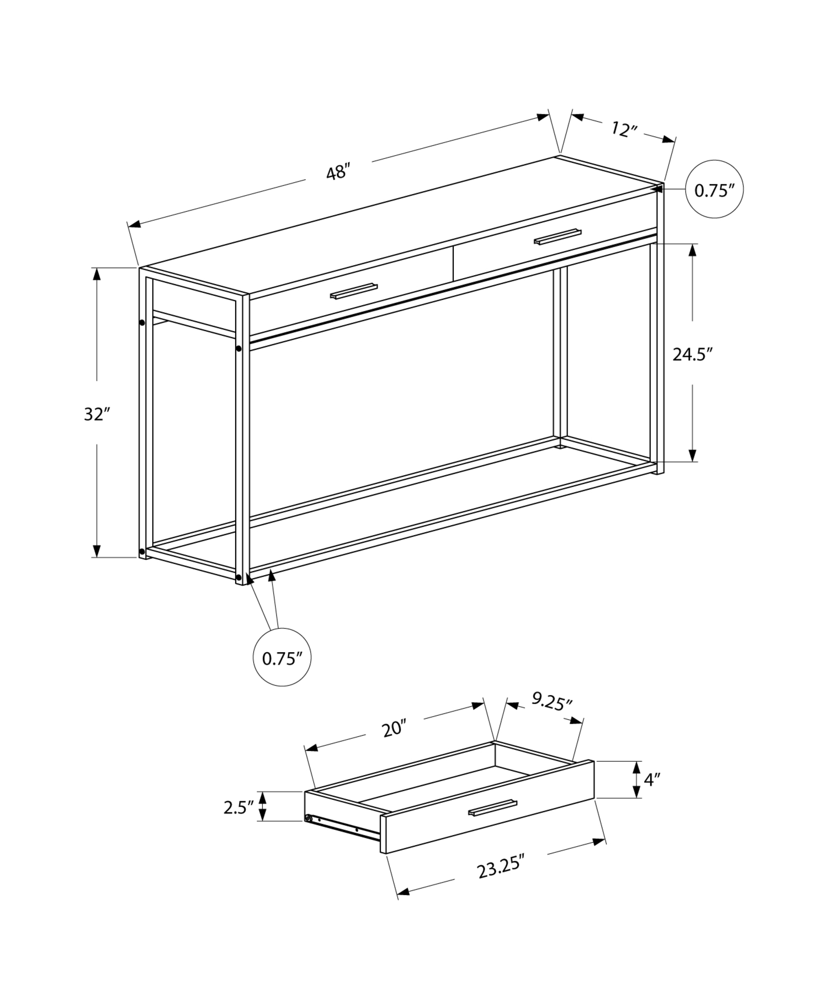 12" x 48" x 32" Dark Taupe Laminated Finish and Black Metal Accent Table