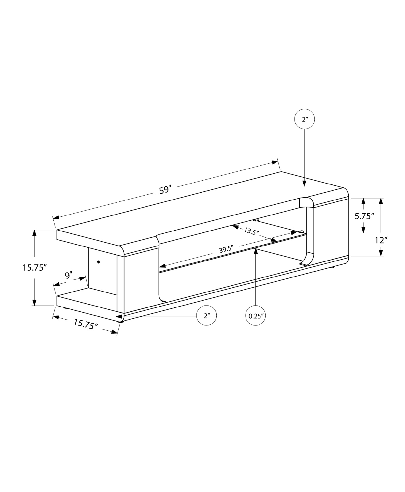 15.75" x 59" x 15.75" White Clear Hollow Core Tempered Glass TV Stand