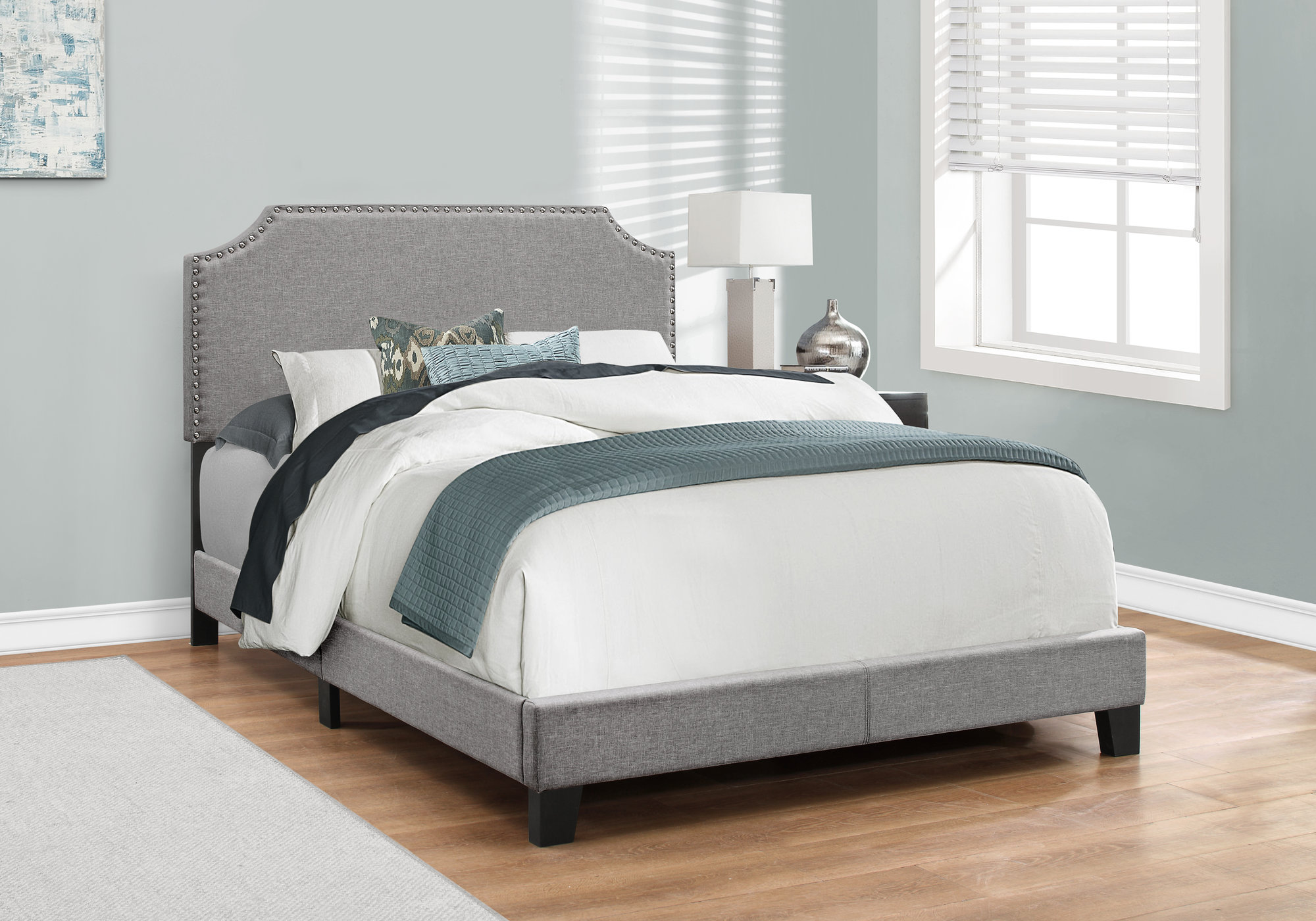 Full Size Grey Linen with Chrome Trim and Solid Wood Black Feet Bed