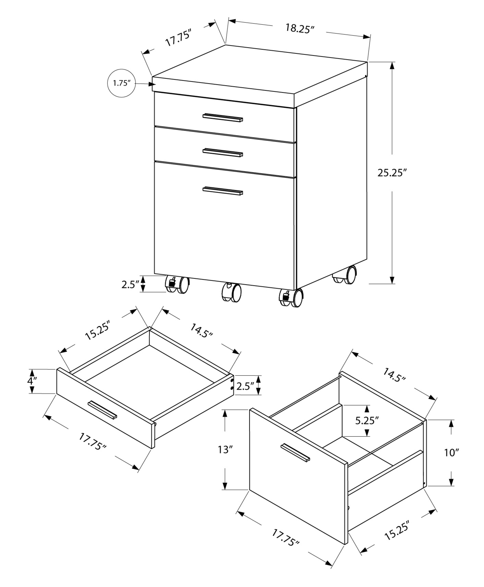 17.75" x 18.25" x 25.25" White Black Particle Board 3 Drawers Filing Cabinet