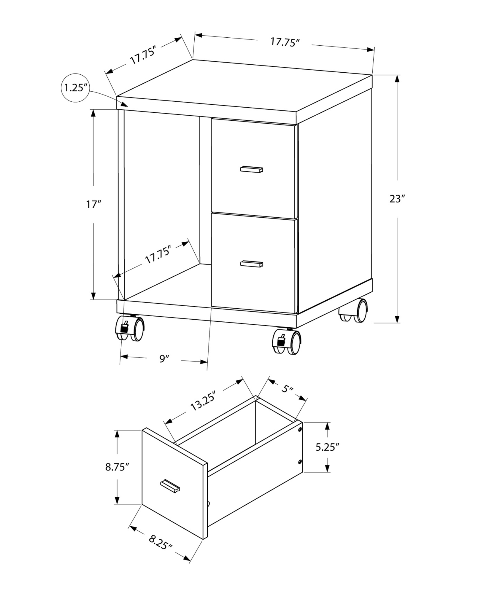 17.75" x 17.75" x 23" White Particle Board Hollow Core 2 Drawers Office Cabinet