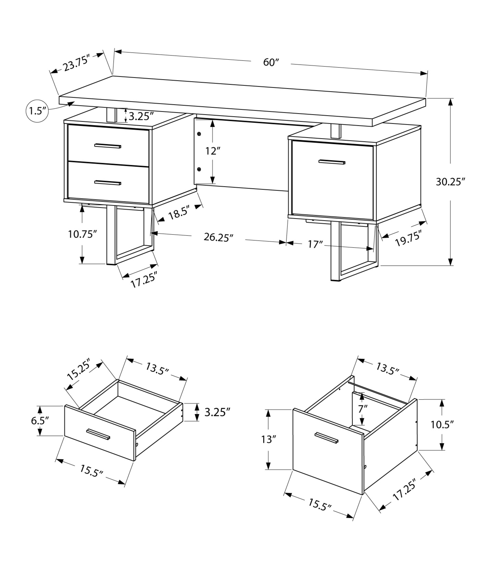 23.75" x 60" x 30.25" White Silver Particle Board Hollow Core Metal Computer Desk With A Hollow Core