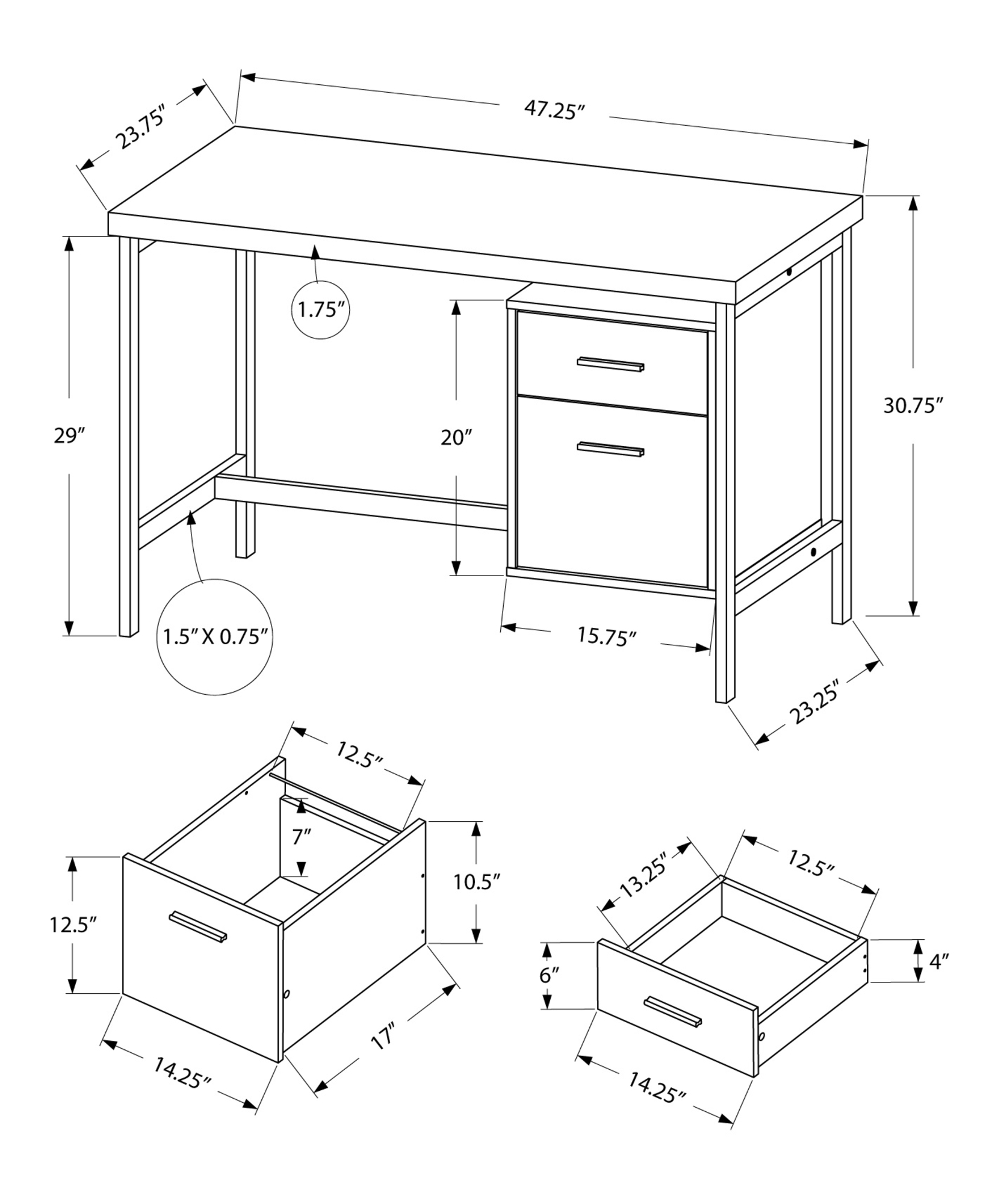 23.75" x 47.25" x 30.75" White Silver Particle Board Hollow Core Metal Computer Desk