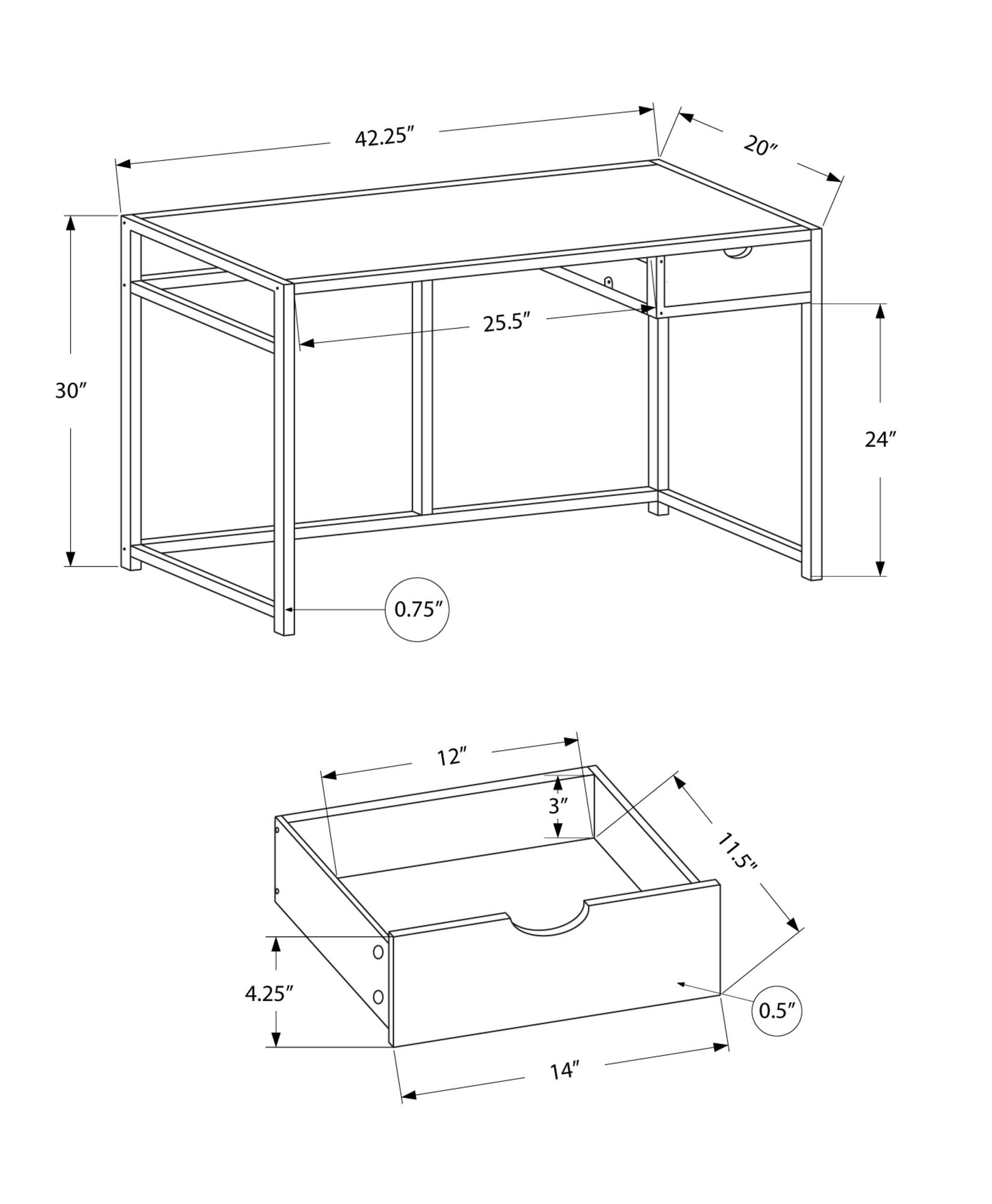 20" x 42.25" x 30" White Silver Mdf Metal Computer Desk