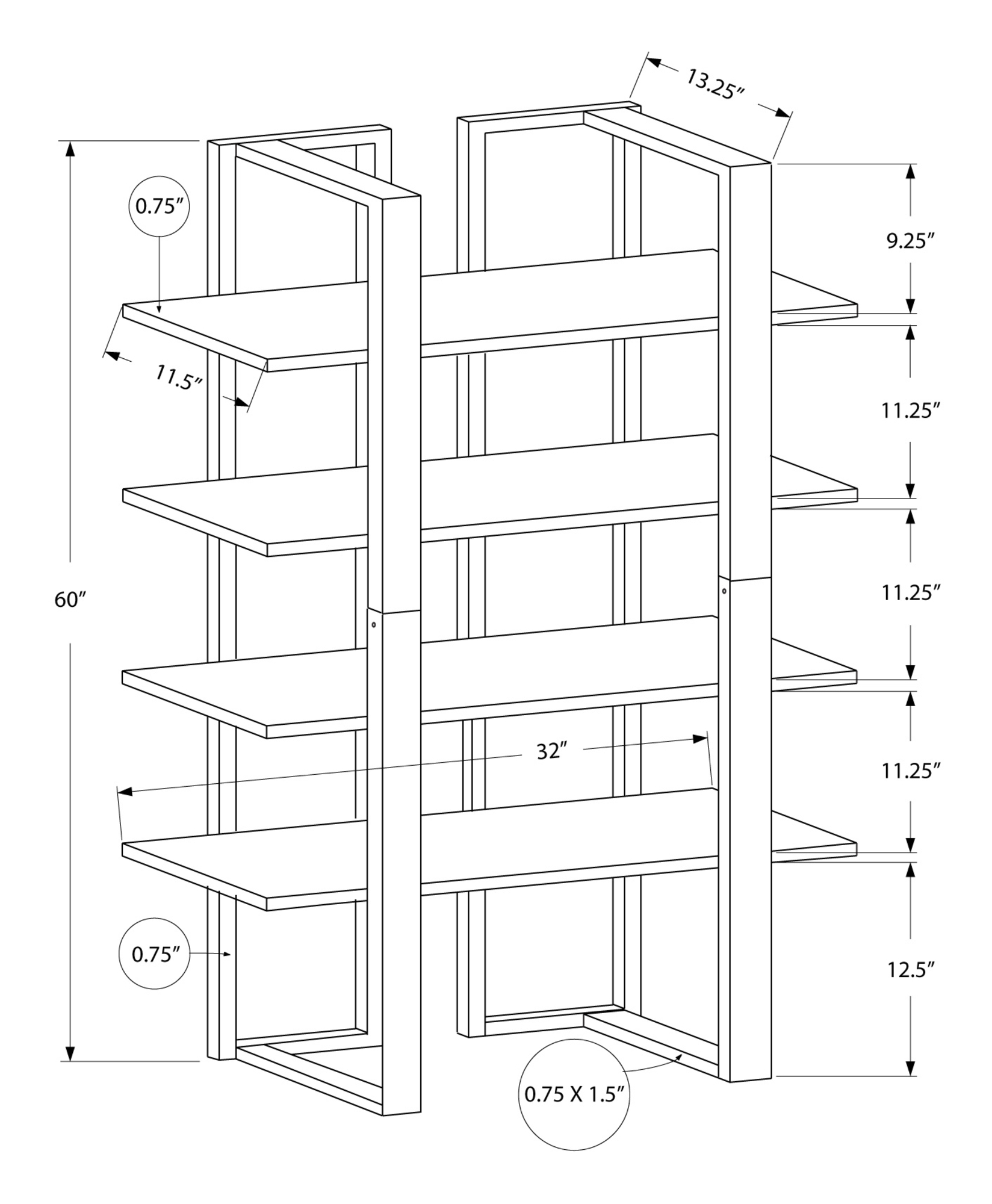 13.25" x 32" x 60" Cappuccino Silver Mdf Metal Bookshelf