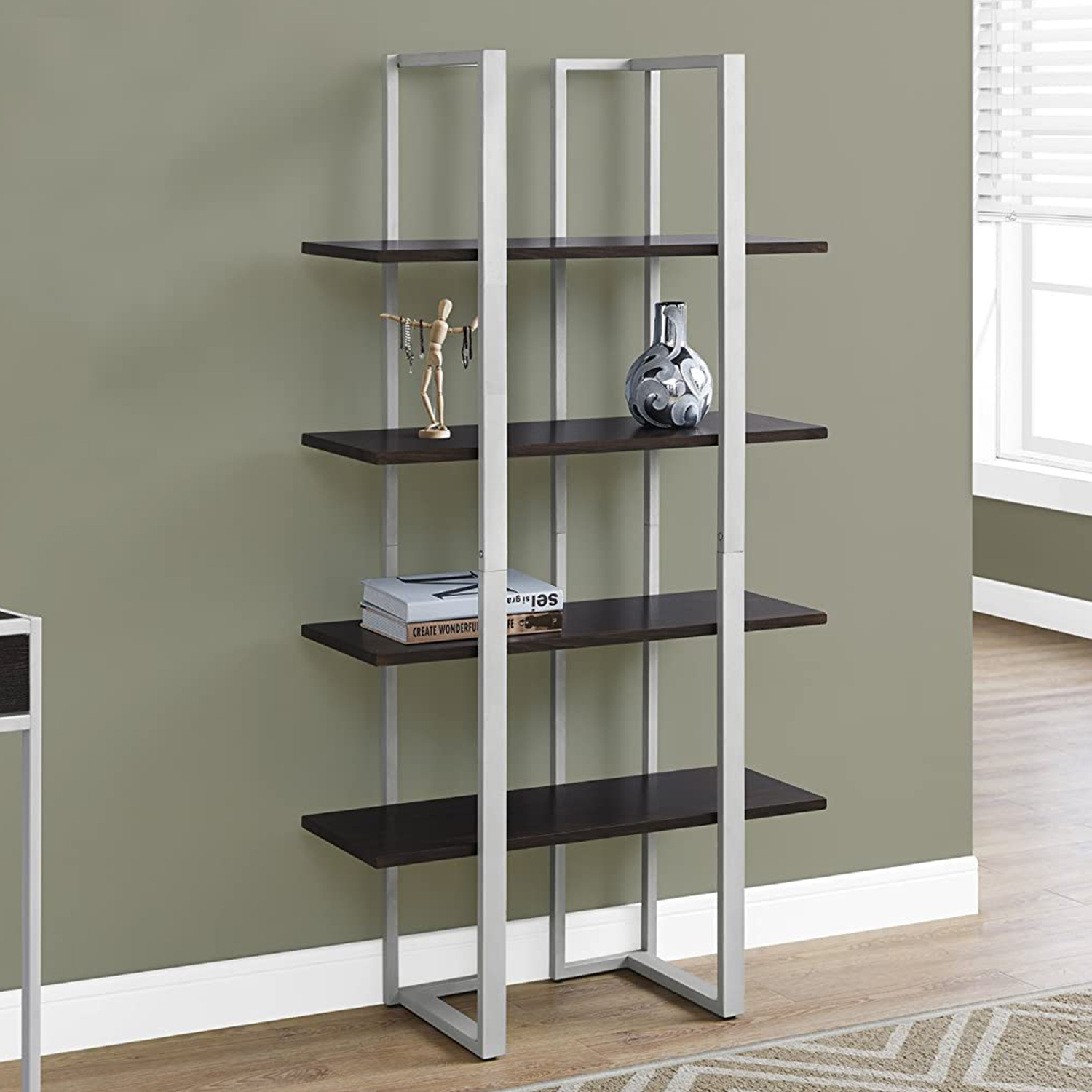 13.25" x 32" x 60" Cappuccino Silver Mdf Metal Bookshelf