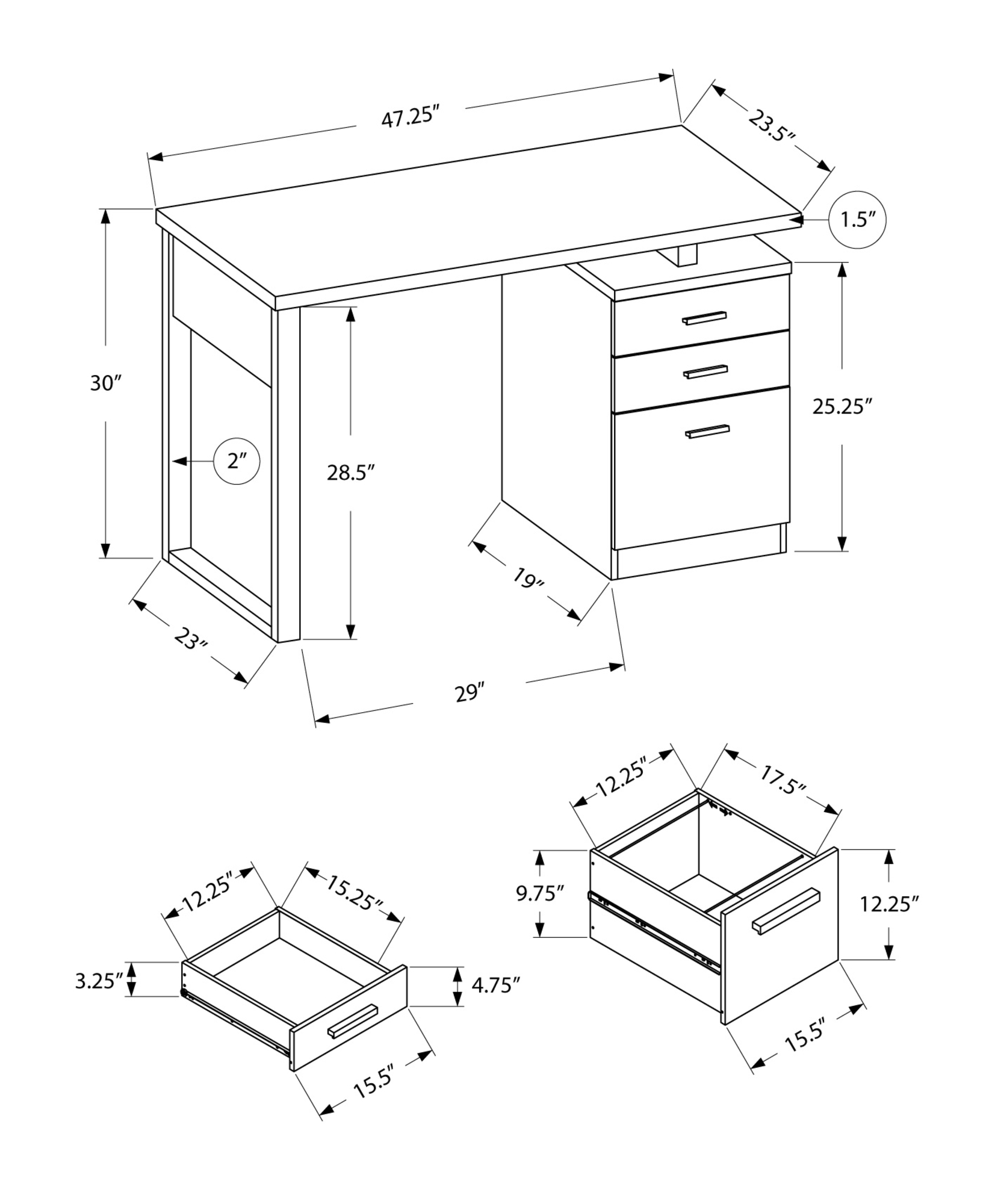 23.5" x 47.25" x 30" Grey Black Particle Board Hollow Core Computer Desk