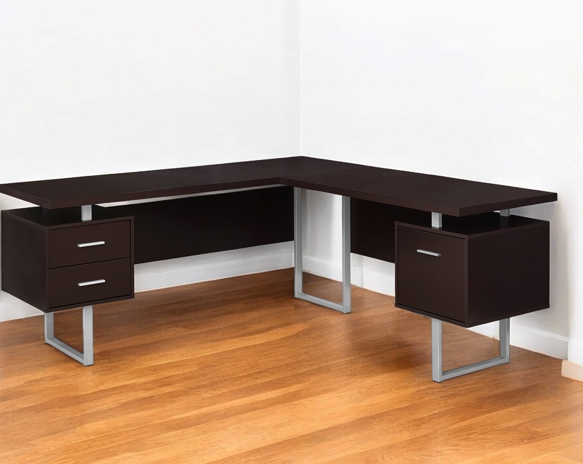 71" Brown and Silver L Shape Computer Desk With Three Drawers-333470-1