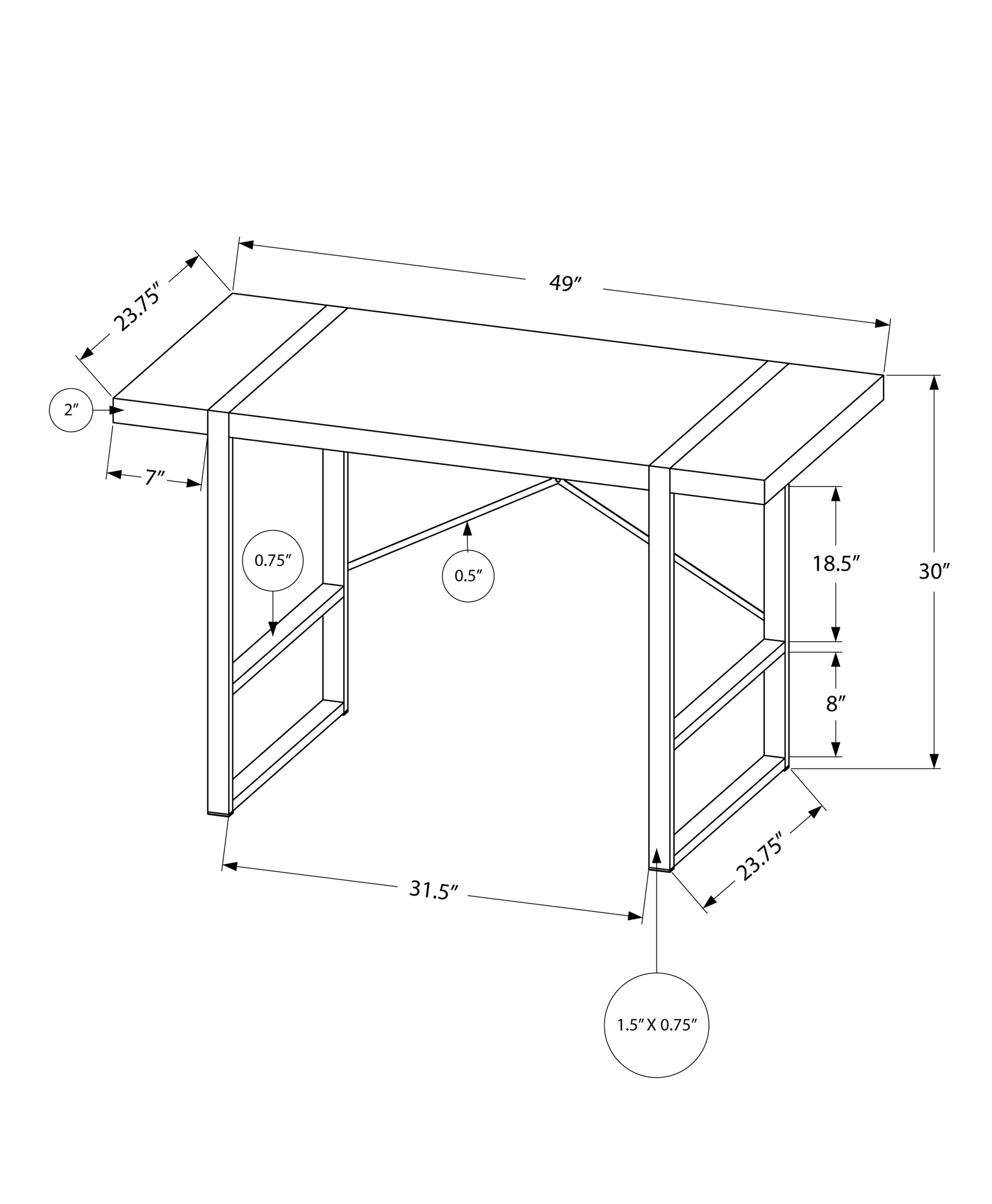 23.75" x 49" x 30" White Black Particle Board Hollow Core Metal Computer Desk