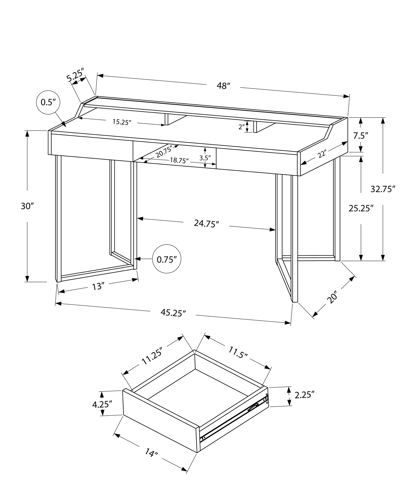 22" x 48" x 32.75" Dark Taupe Black Metal Computer Desk