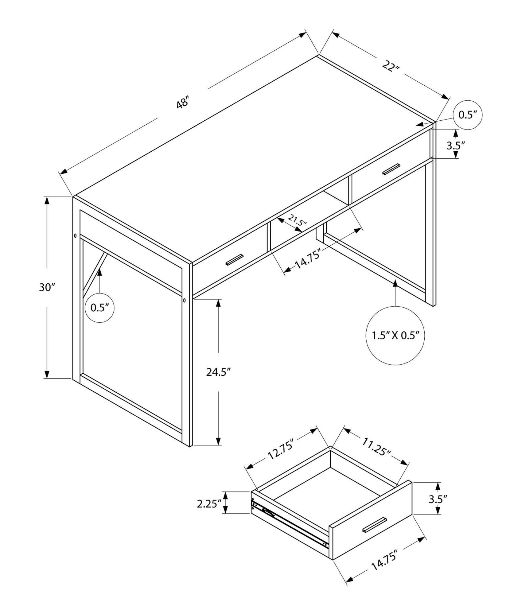 22" x 48" x 30" White Silver Metal Computer Desk