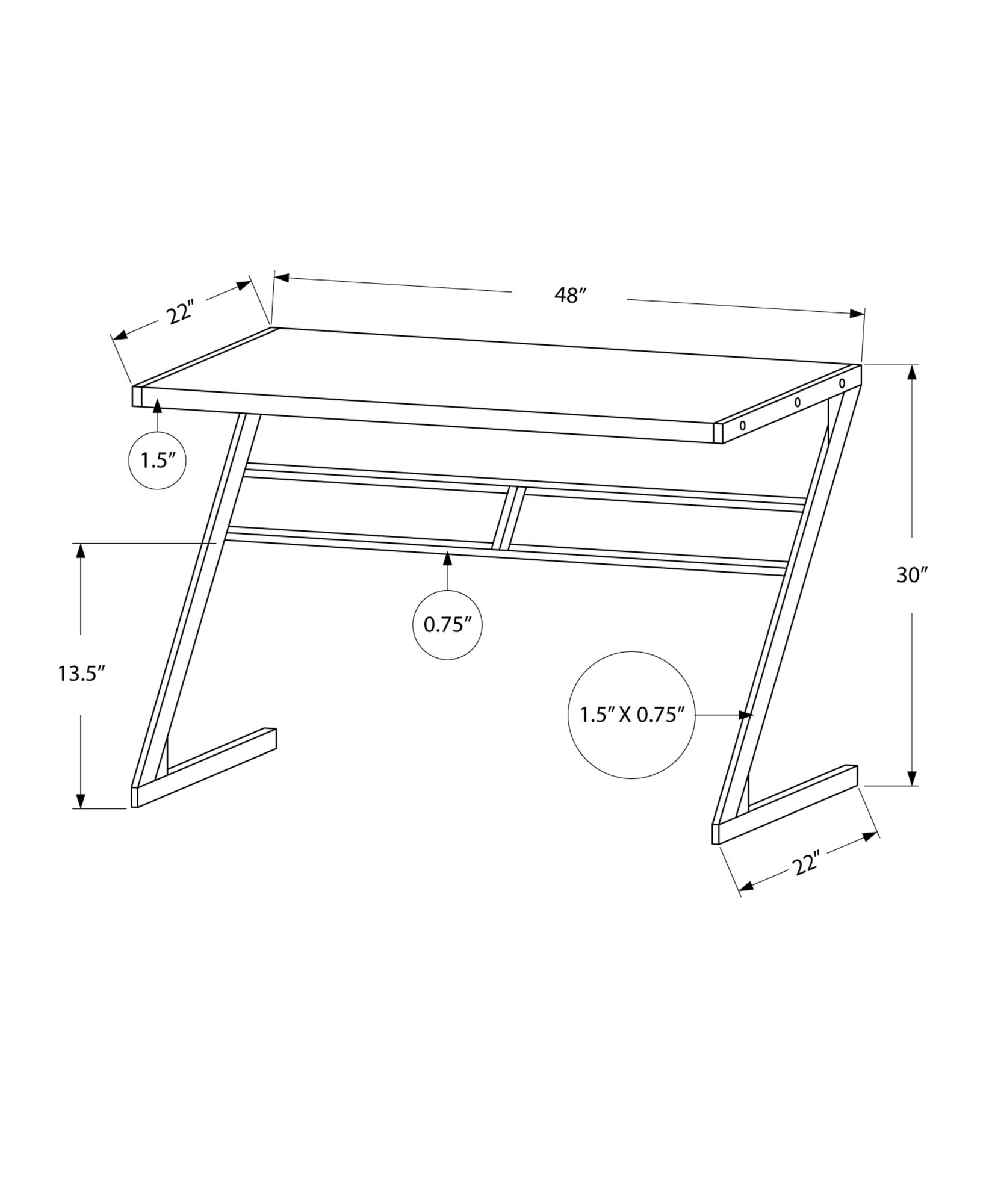 22" x 48" x 30" White Silver Mdf Metal Computer Desk