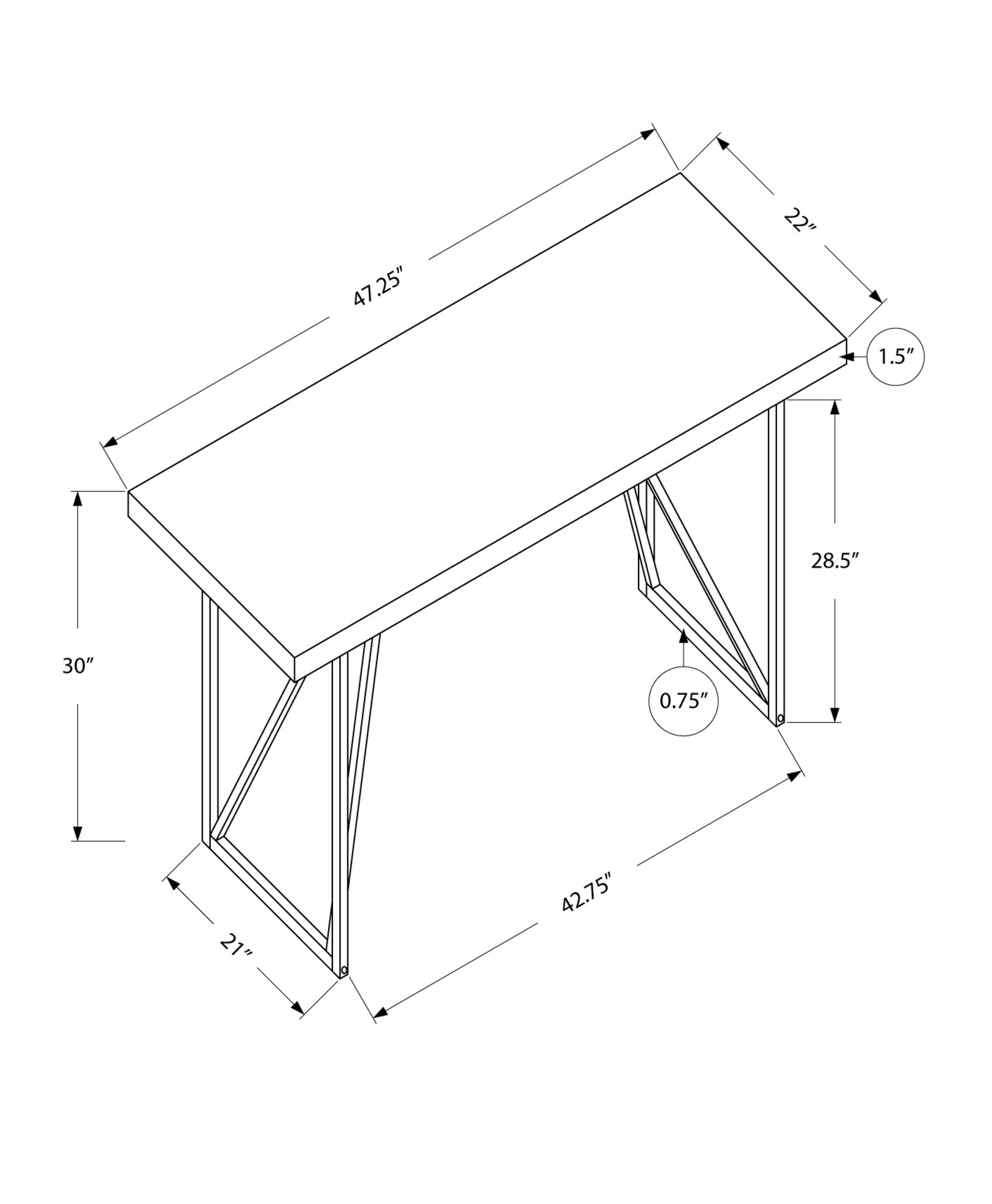 22" x 47.25" x 30" White Silver Metal Hollow Core Particle Board Computer Desk