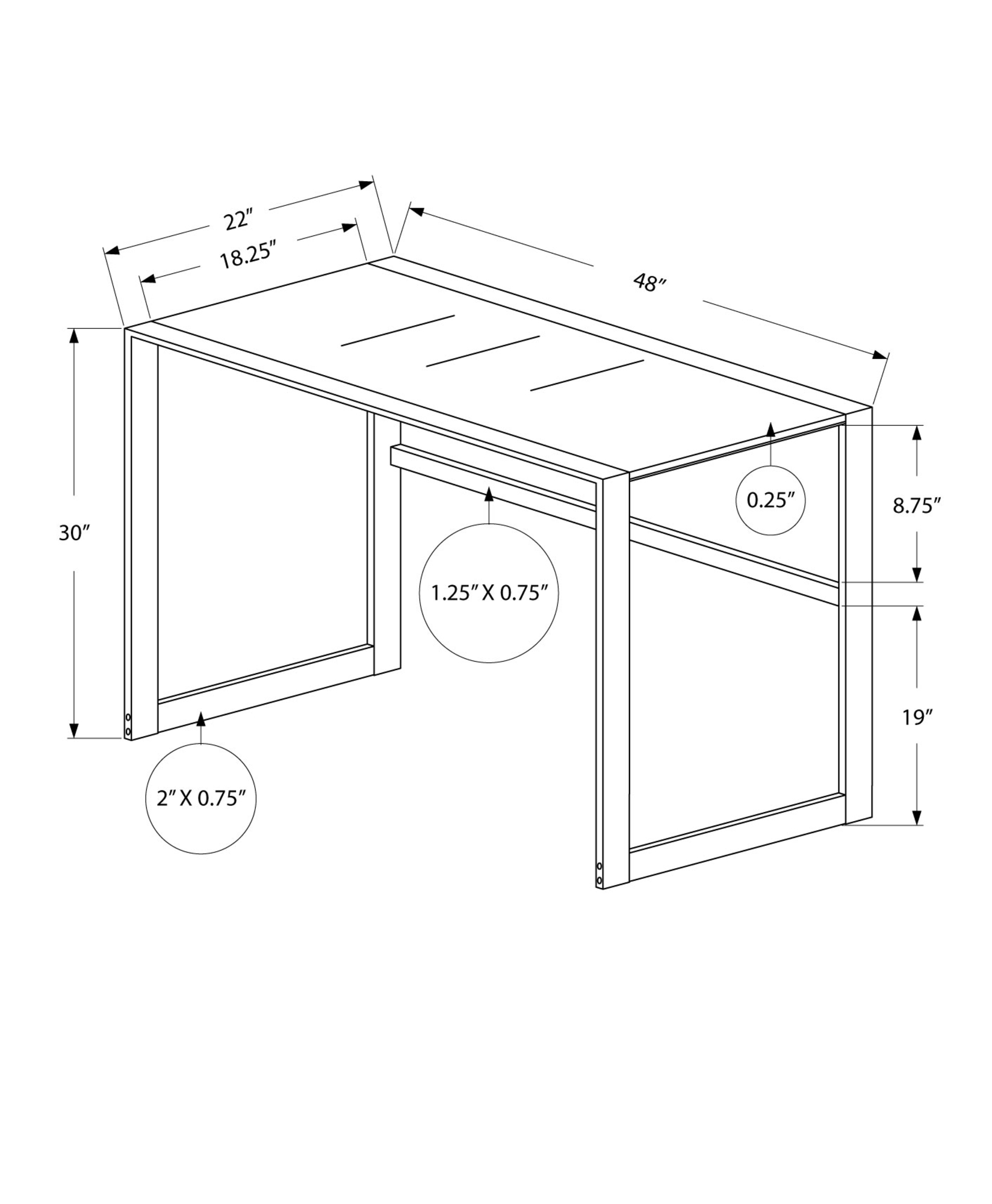 22" x 48" x 30" Silver White Tempered Glass Metal Computer Desk