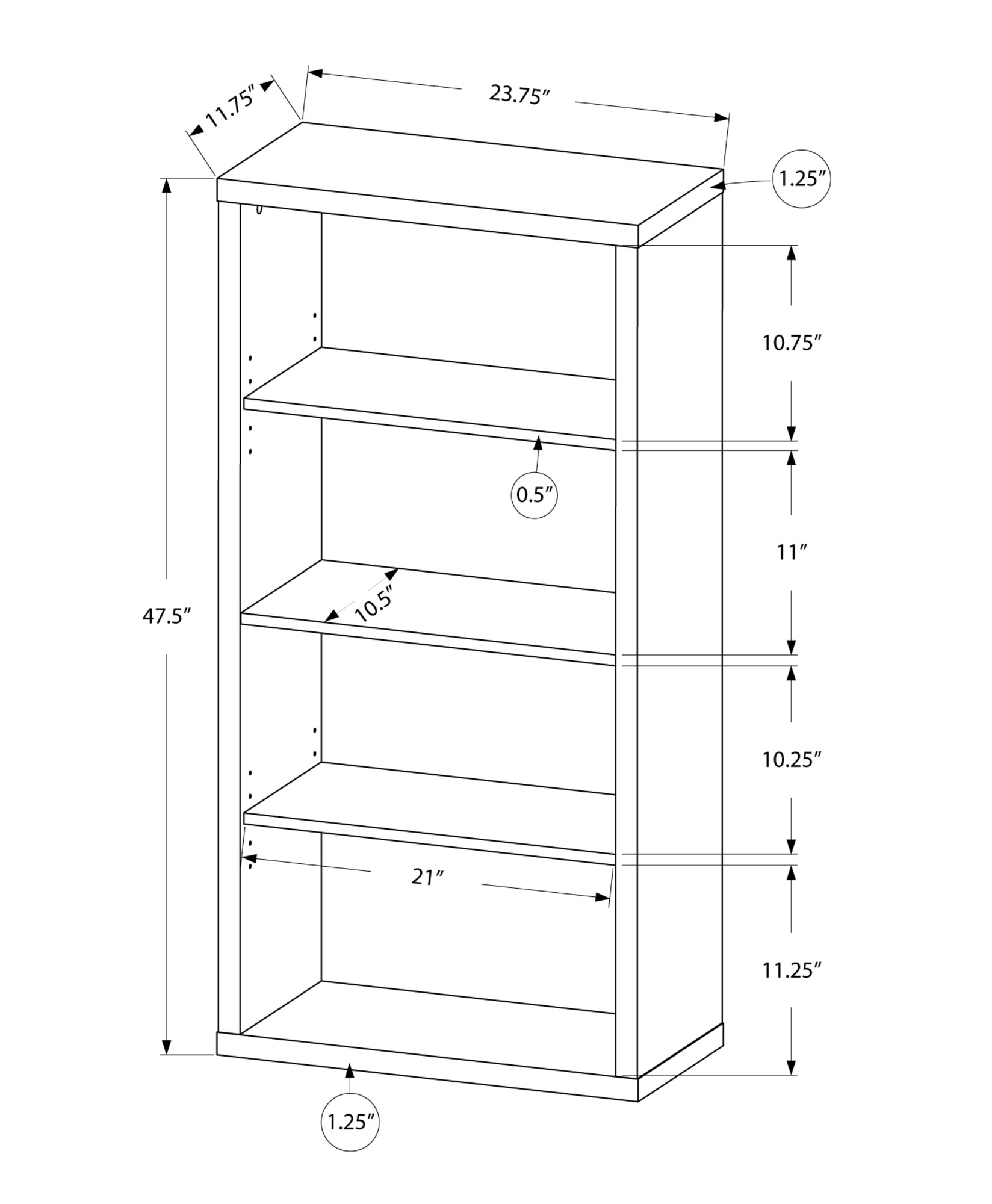 11.75" x 23.75" x 47.5" Brown Particle Board Adjustable Shelves Bookshelf