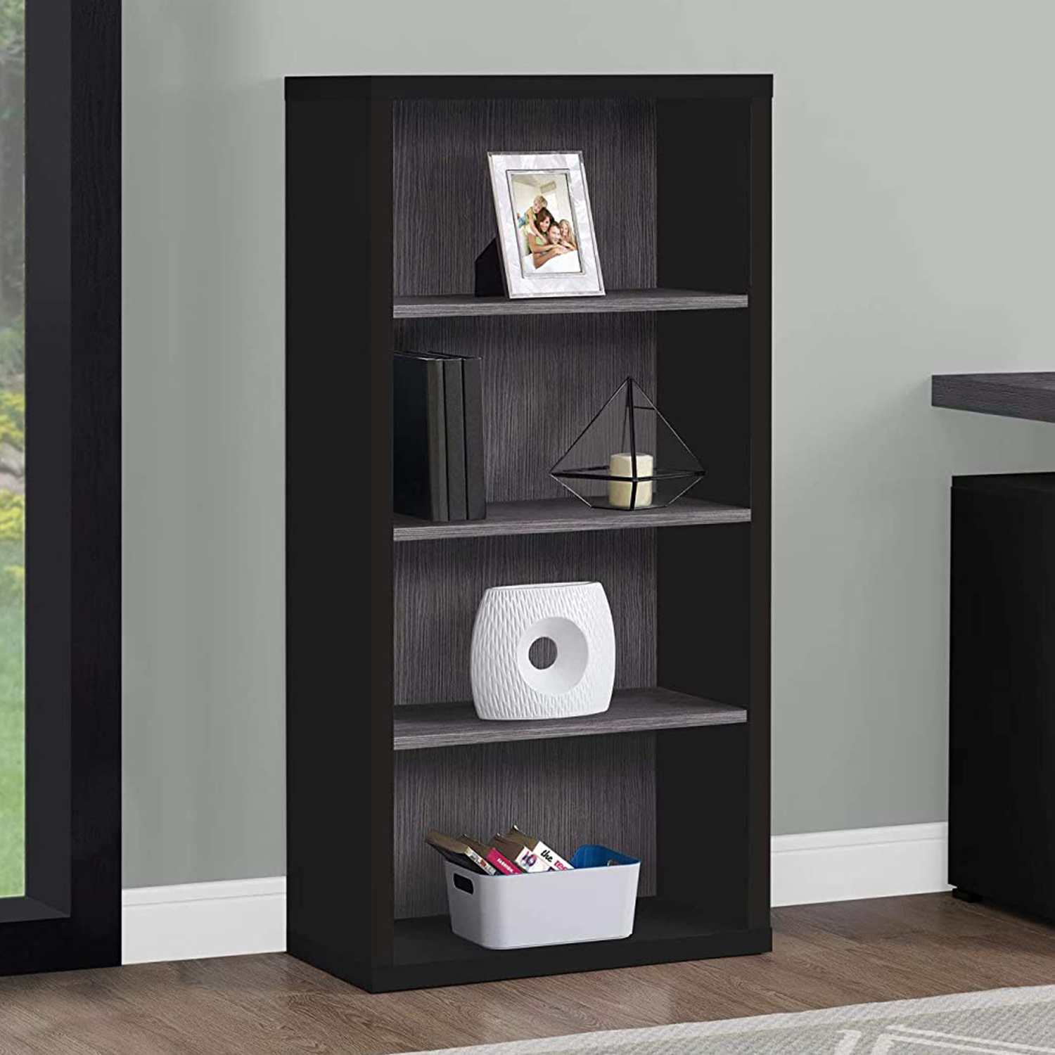 11.75" x 23.75" x 47.5" Black Grey Particle Board Adjustable Shelves Bookshelf