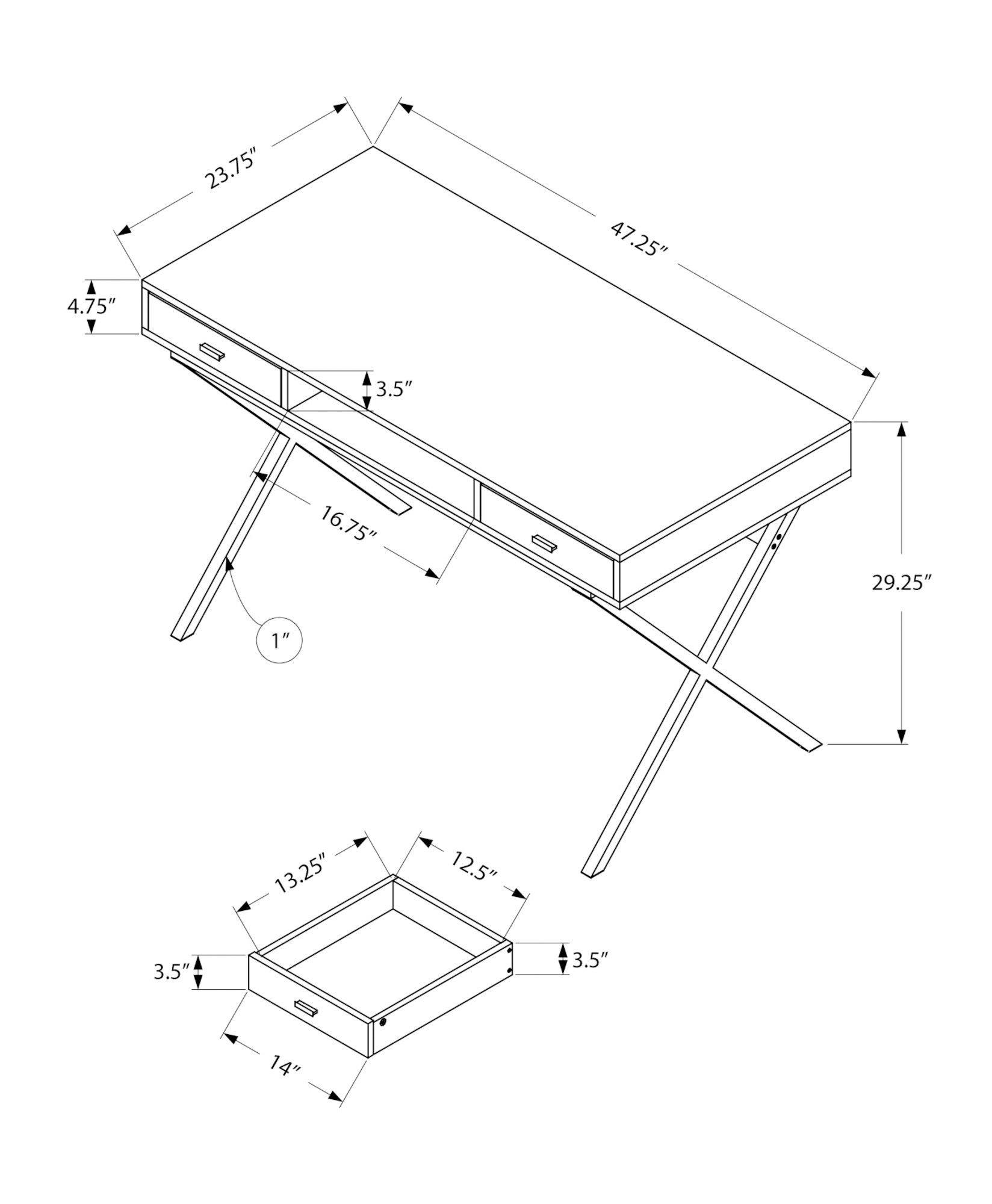 23.75" x 47.25" x 29.25" Brown Black Particle Board Metal Computer Desk