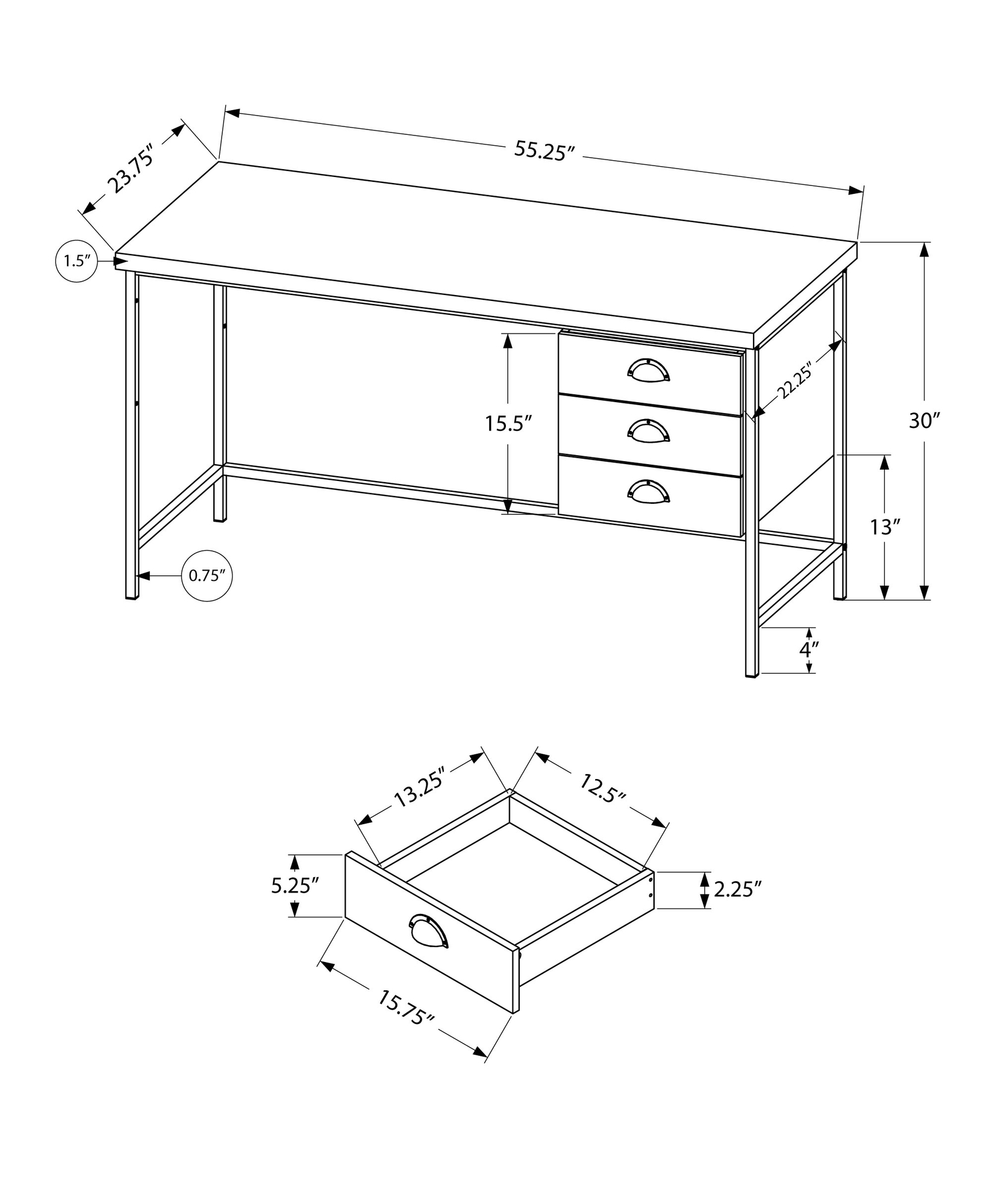 23.75" x 55.25" x 30" Brown Black Particle Board Hollow Core Metal Computer Desk