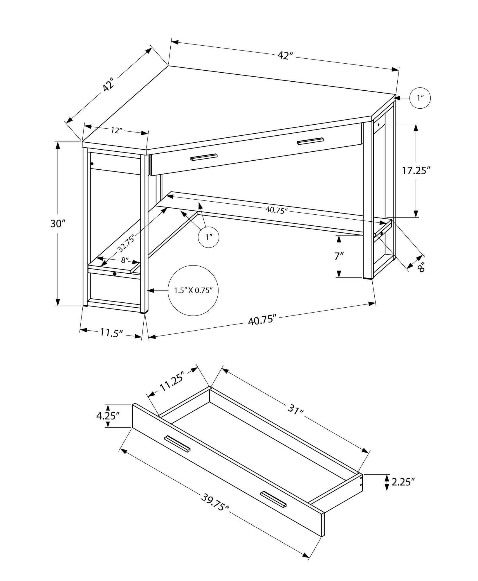 42" x 42" x 30" Dark Taupe Silver Particle Board Hollow Core Metal Computer Desk