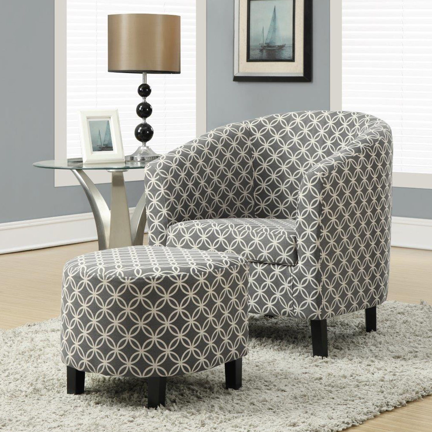 45.5" x 49" x 45.5" Grey Cotton Linen Foam and Black Solid Wood Accent Chair