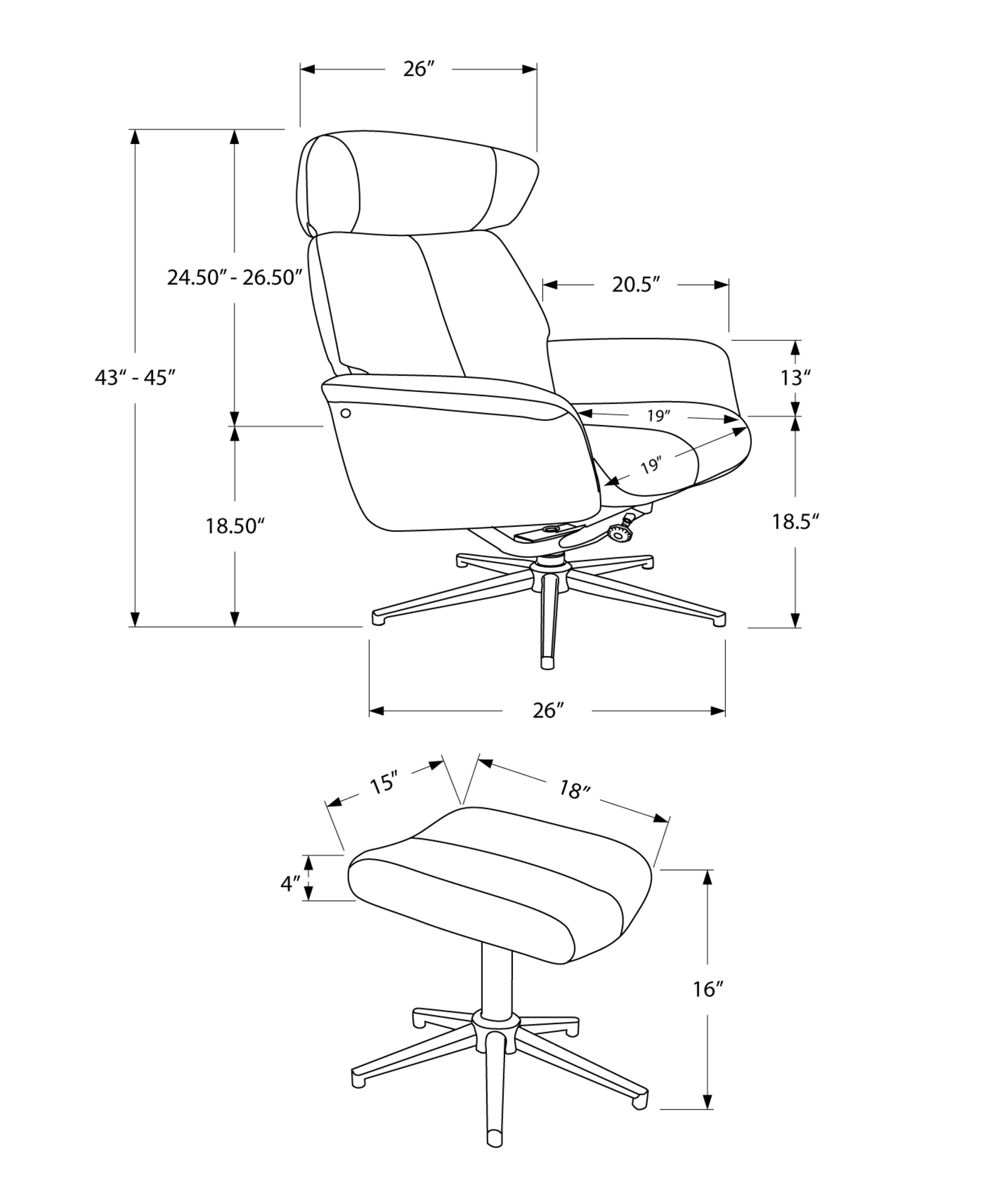 44" x 47" x 59" Black Finish Foam and Metal Swivel Reclining Chair with Adjustable Headrest
