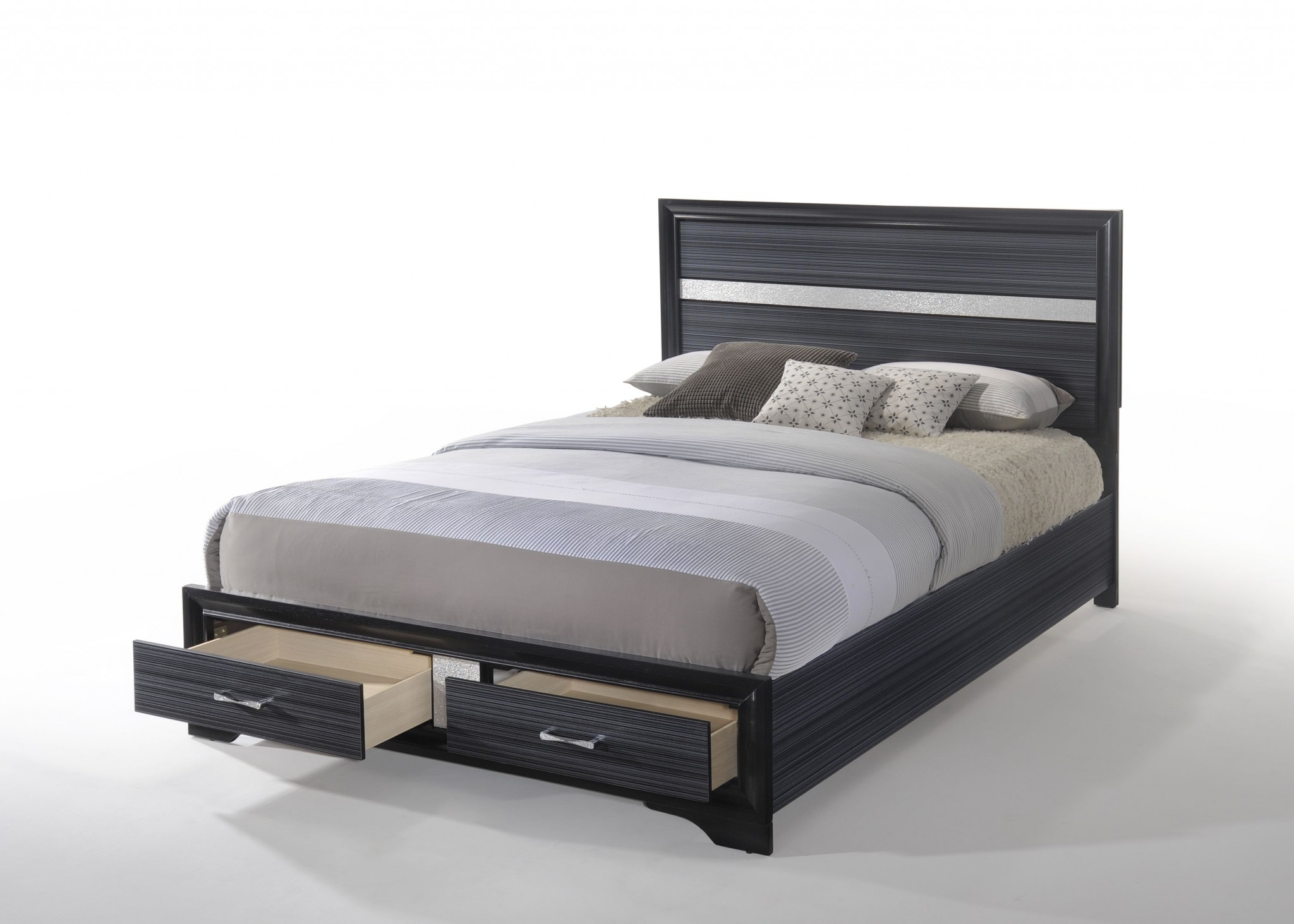 63" X 84" X 50" Black Wood Queen Bed w/Storage