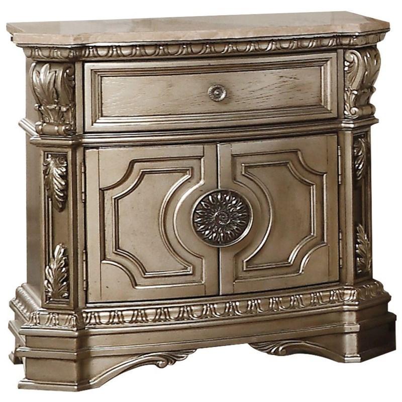 18" X 30" X 29" Antique Champagne Wood Poly Resin Nightstand w/Marble Top