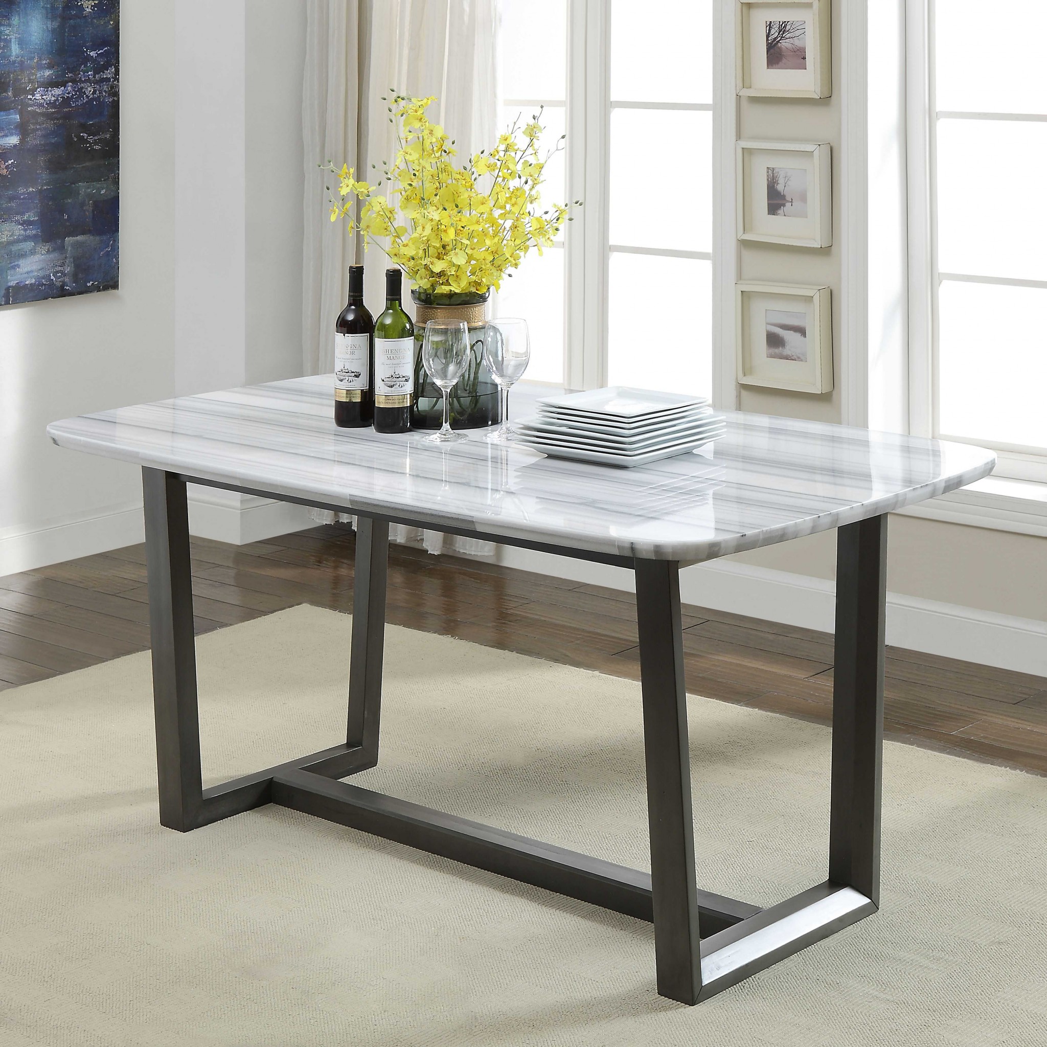 40" X 72" X 30" Marble Gray Oak Wood Marble Dining Table