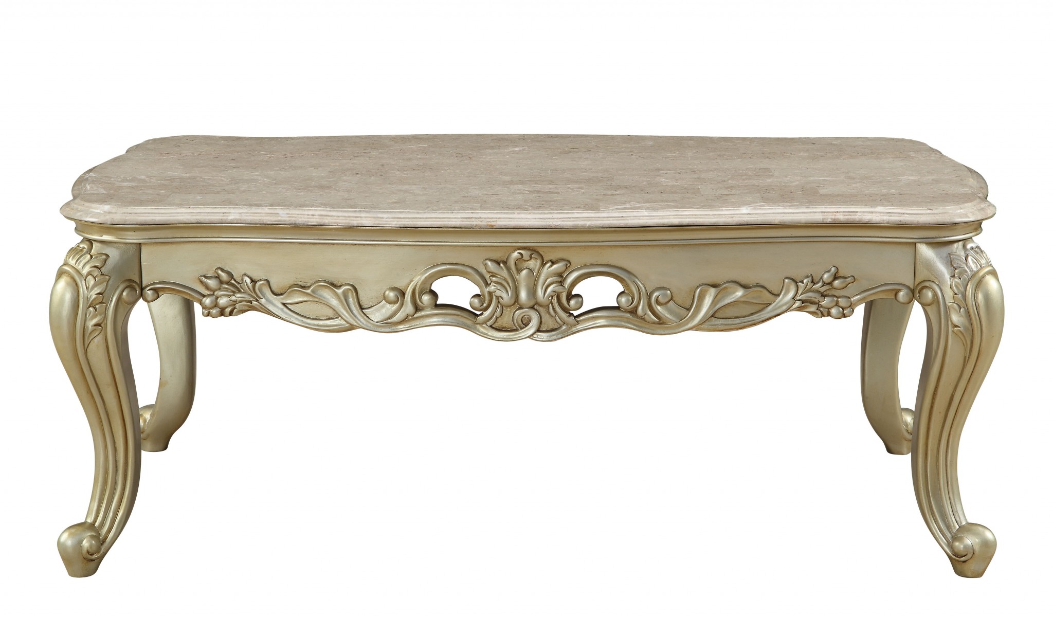 32" X 60" X 20" Marble Antique White Wood PolyResin Coffee Table