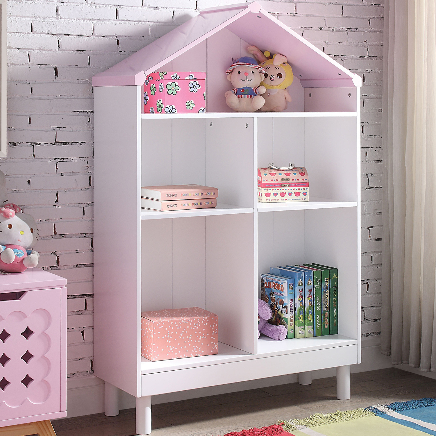 13" X 35" X 56" White Pink Wood Bookcase