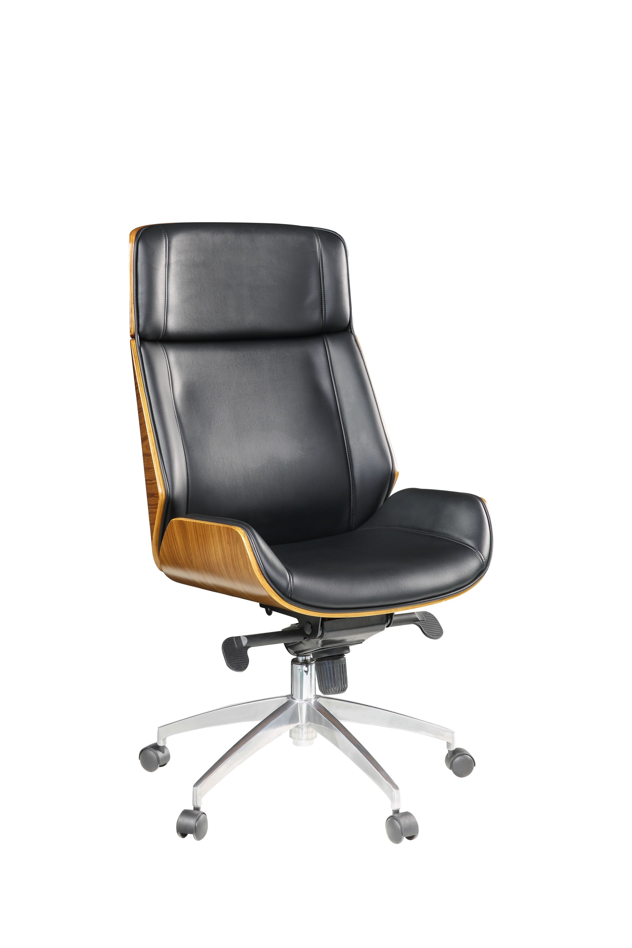 26" X 23" X 49" Black Bonded Leather and Bentwood Frame Executive Office Chair with Solid Chrome Base and Caster Wheels