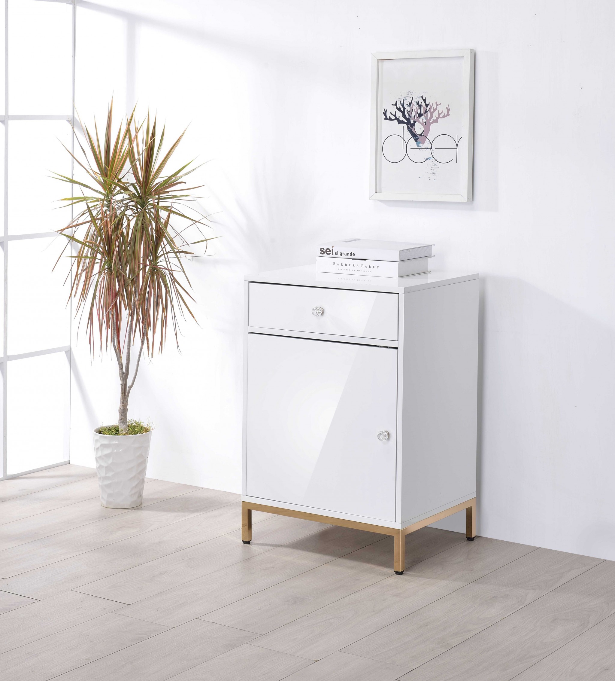 16" X 20" X 30" White High Gloss Gold Metal Wood Cabinet