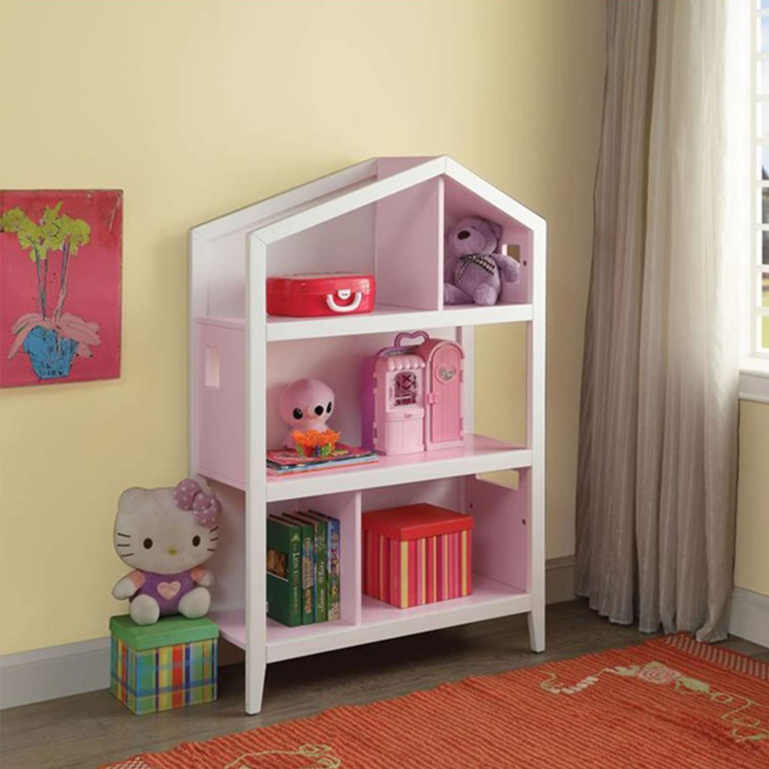 14" X 33" X 50" White Pink Wood Bookcase