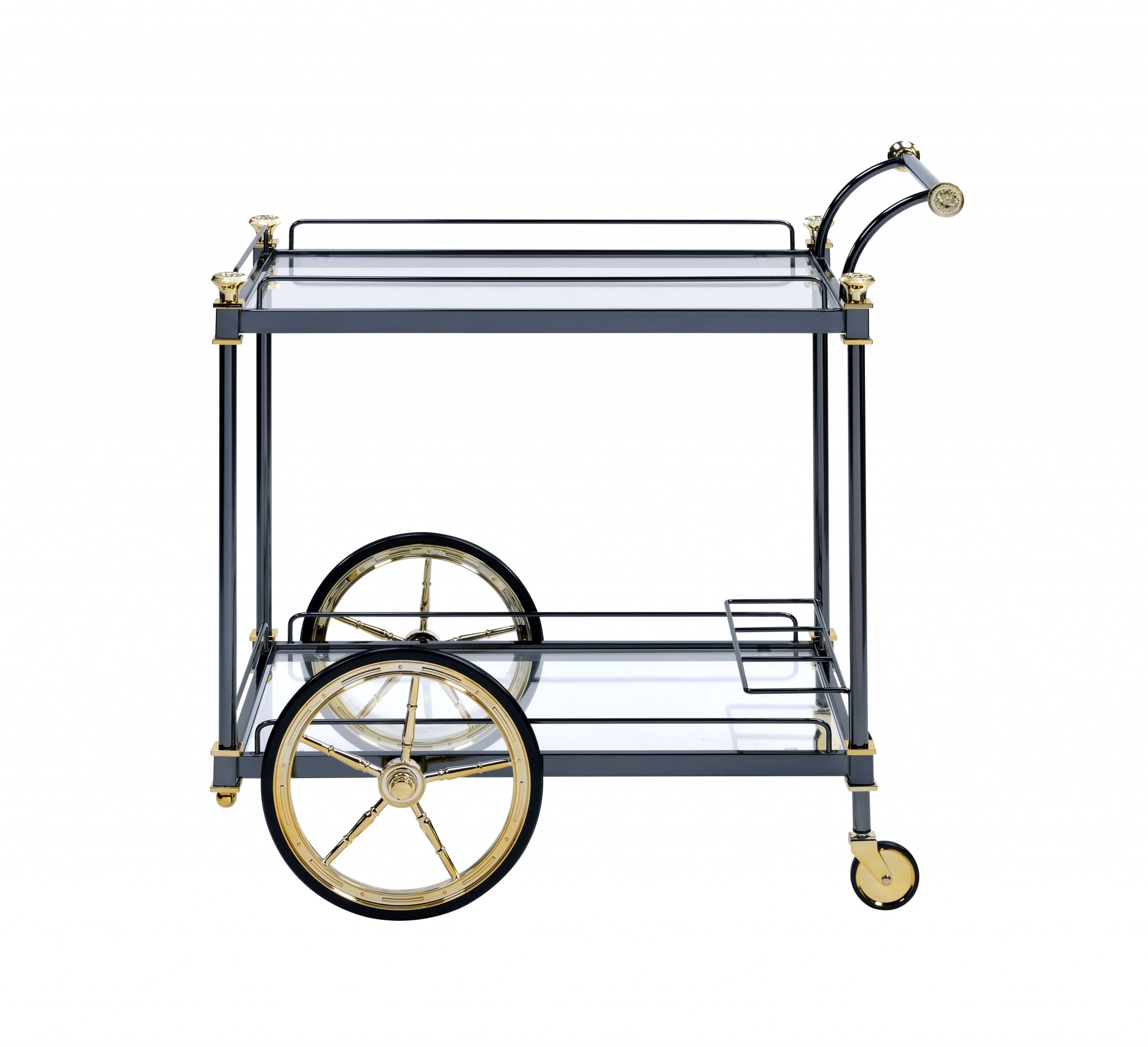 20" X 31" X 31" Black Gold Clear Glass Metal Casters Serving Cart