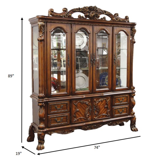 19" X 74" X 89" Cherry Oak Wood Poly Resin Glass Hutch & Buffet