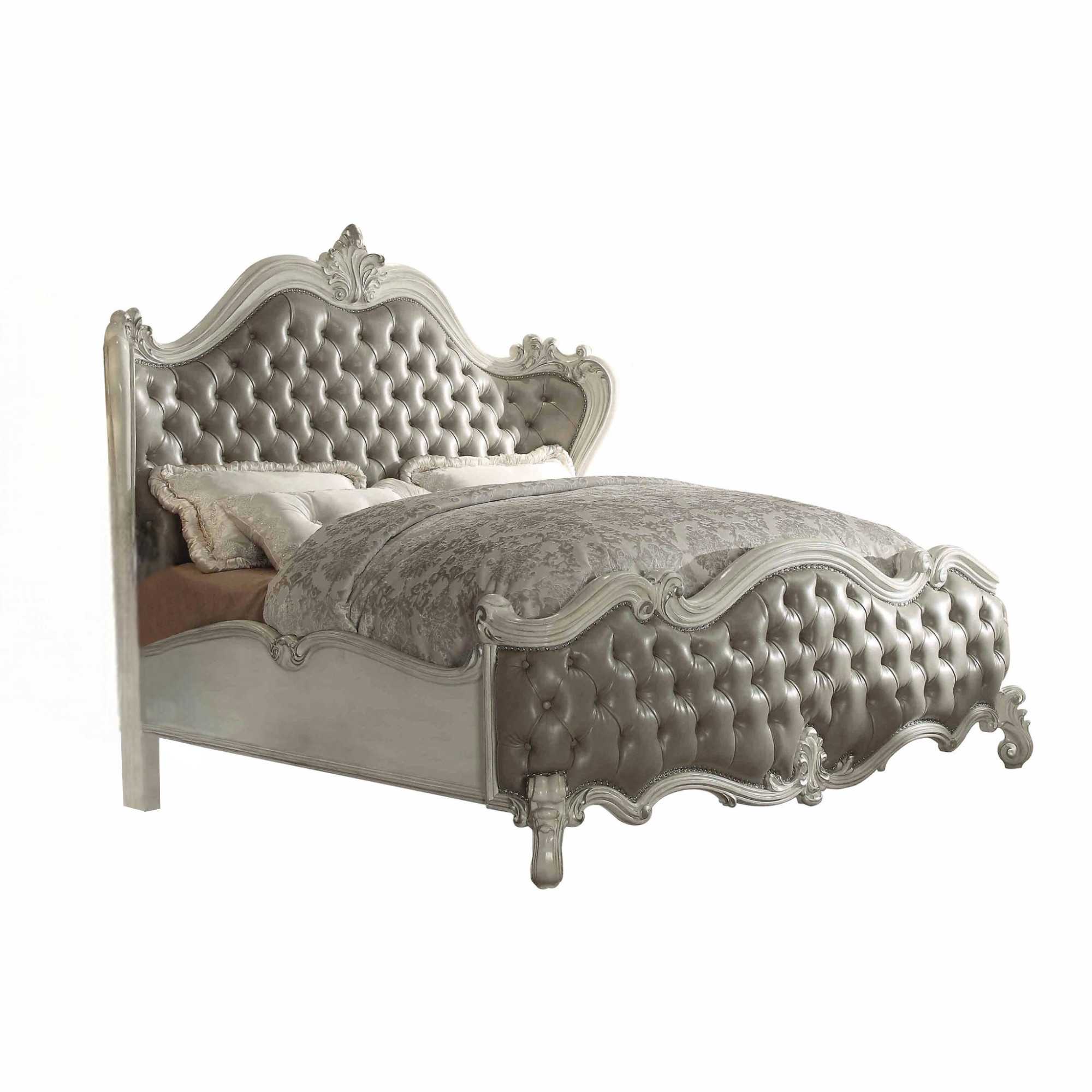 King Tufted Ivory And Gray Upholstered Faux Leather Bed With Nailhead Trim-348178-1
